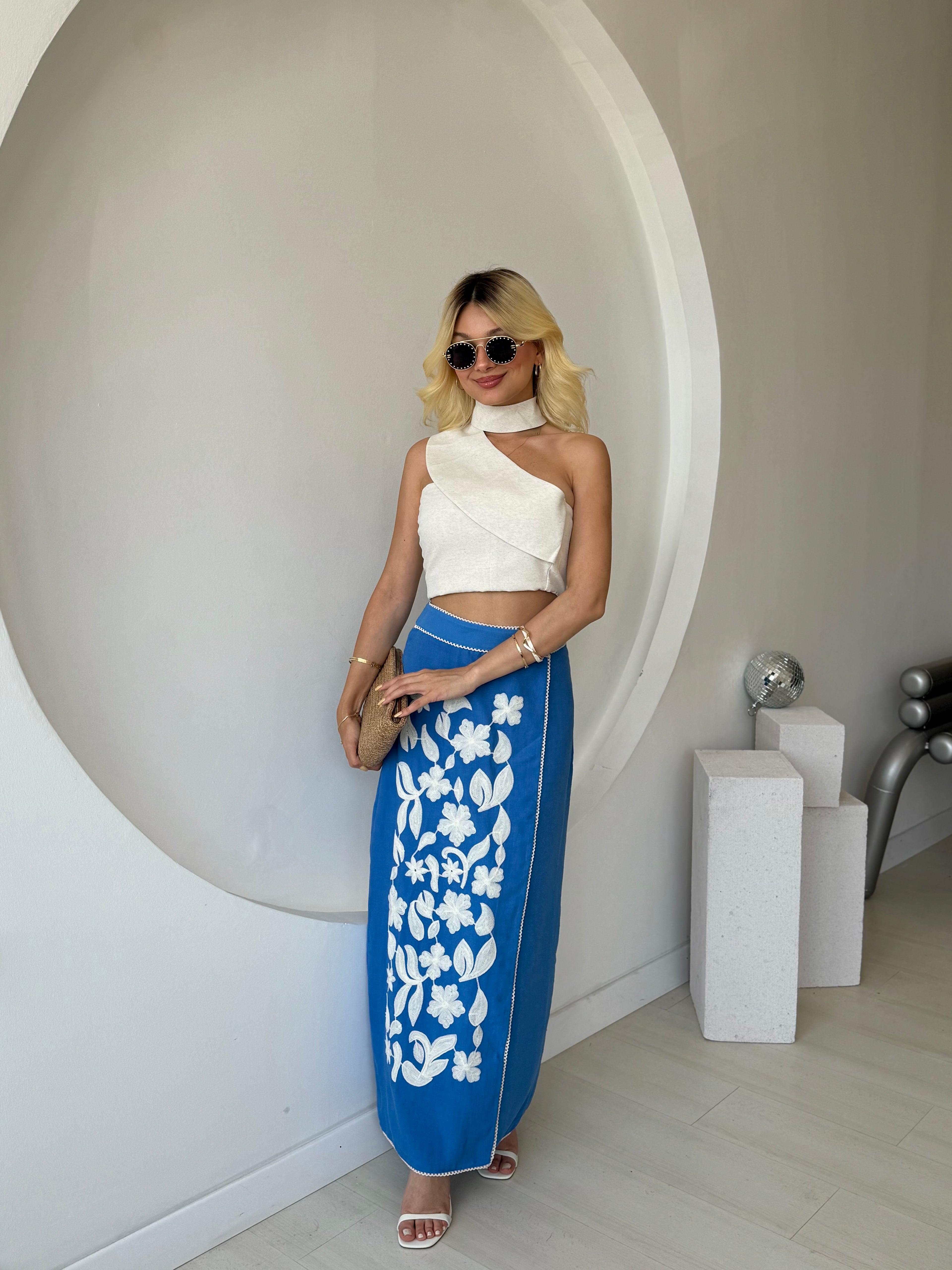 Nakışlı Kruvaze Kapama Mavi Etek