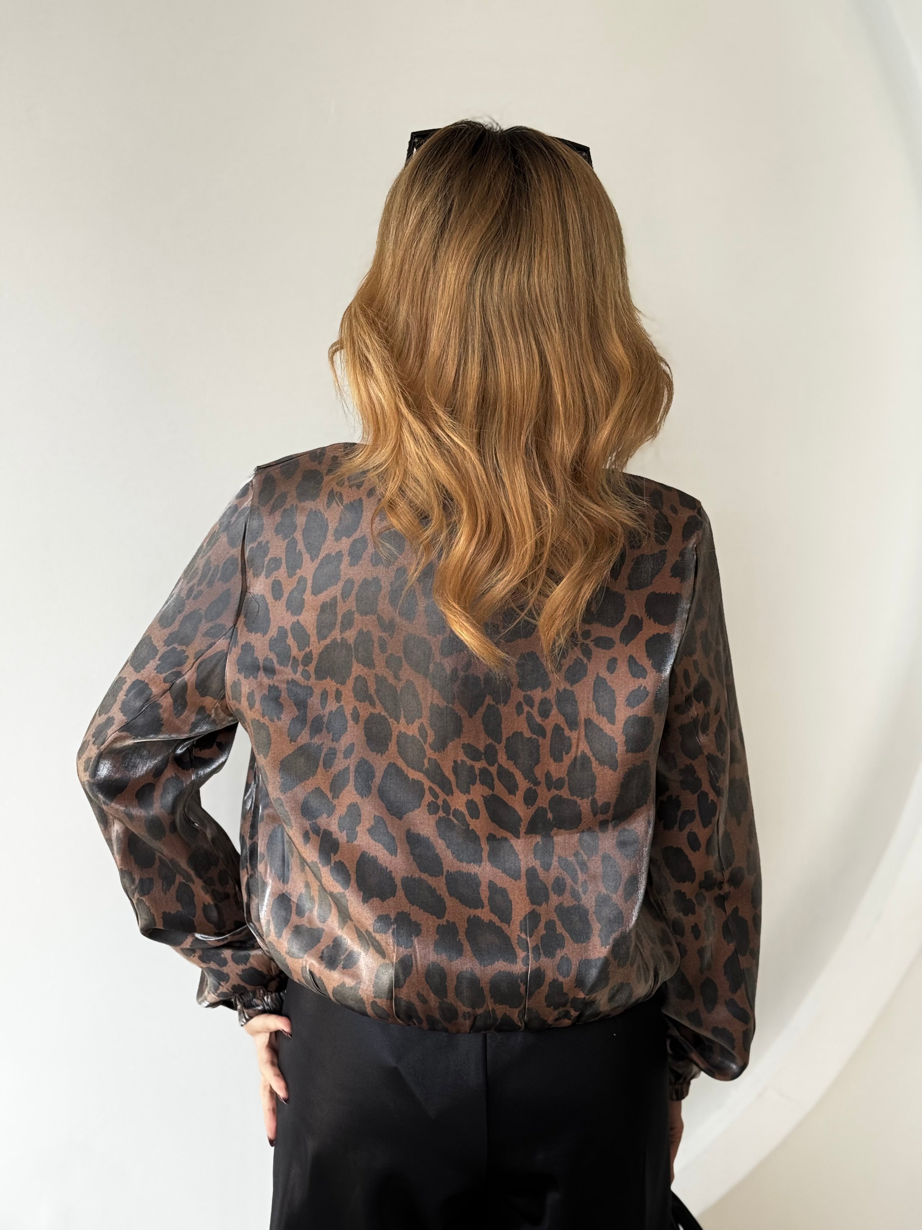 Saten Leopar Desen Bomber Ceket