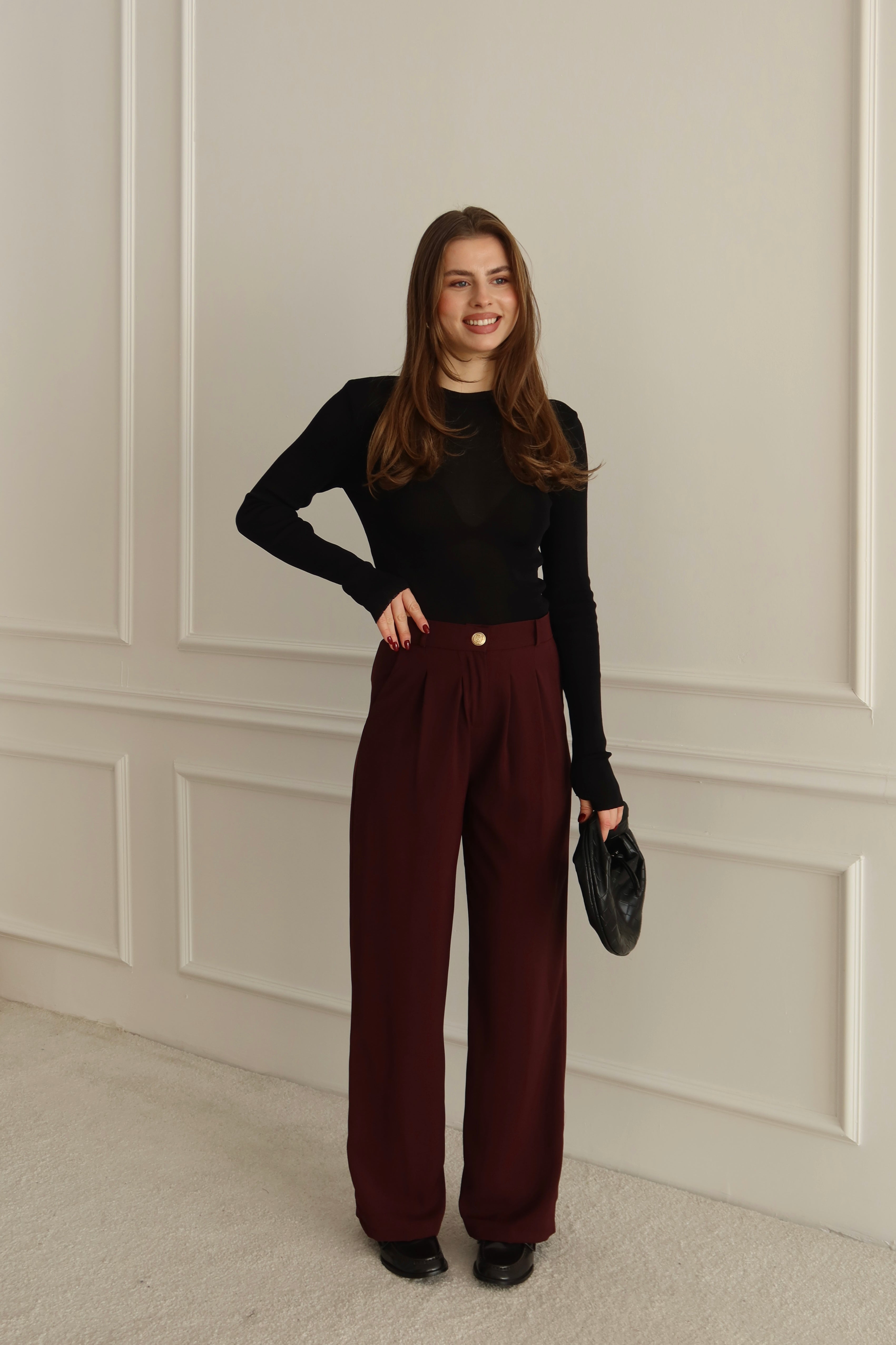 Yüksek Bel Pile Detaylı Bordo Palazzo Pantolon