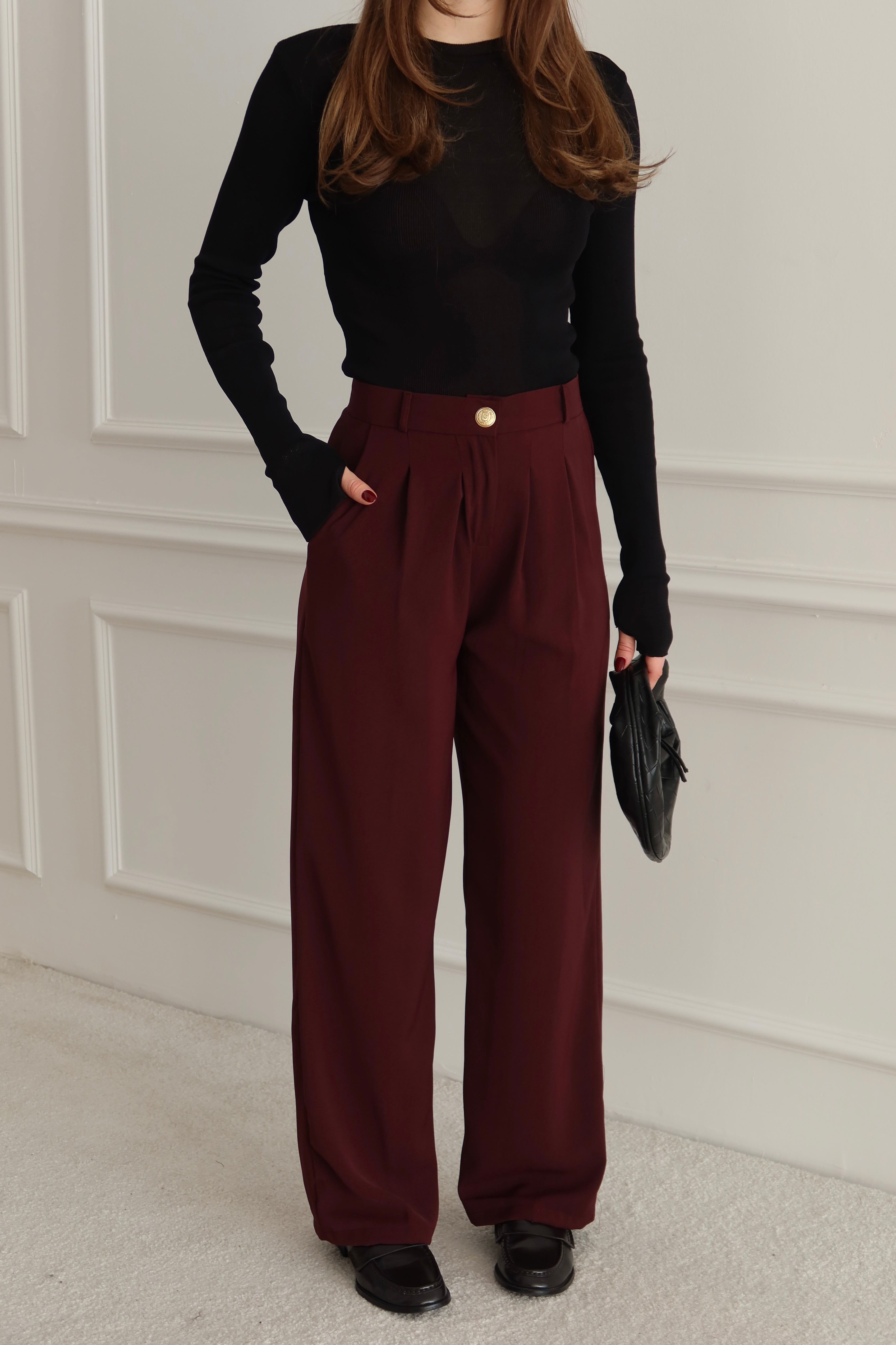 Yüksek Bel Pile Detaylı Bordo Palazzo Pantolon