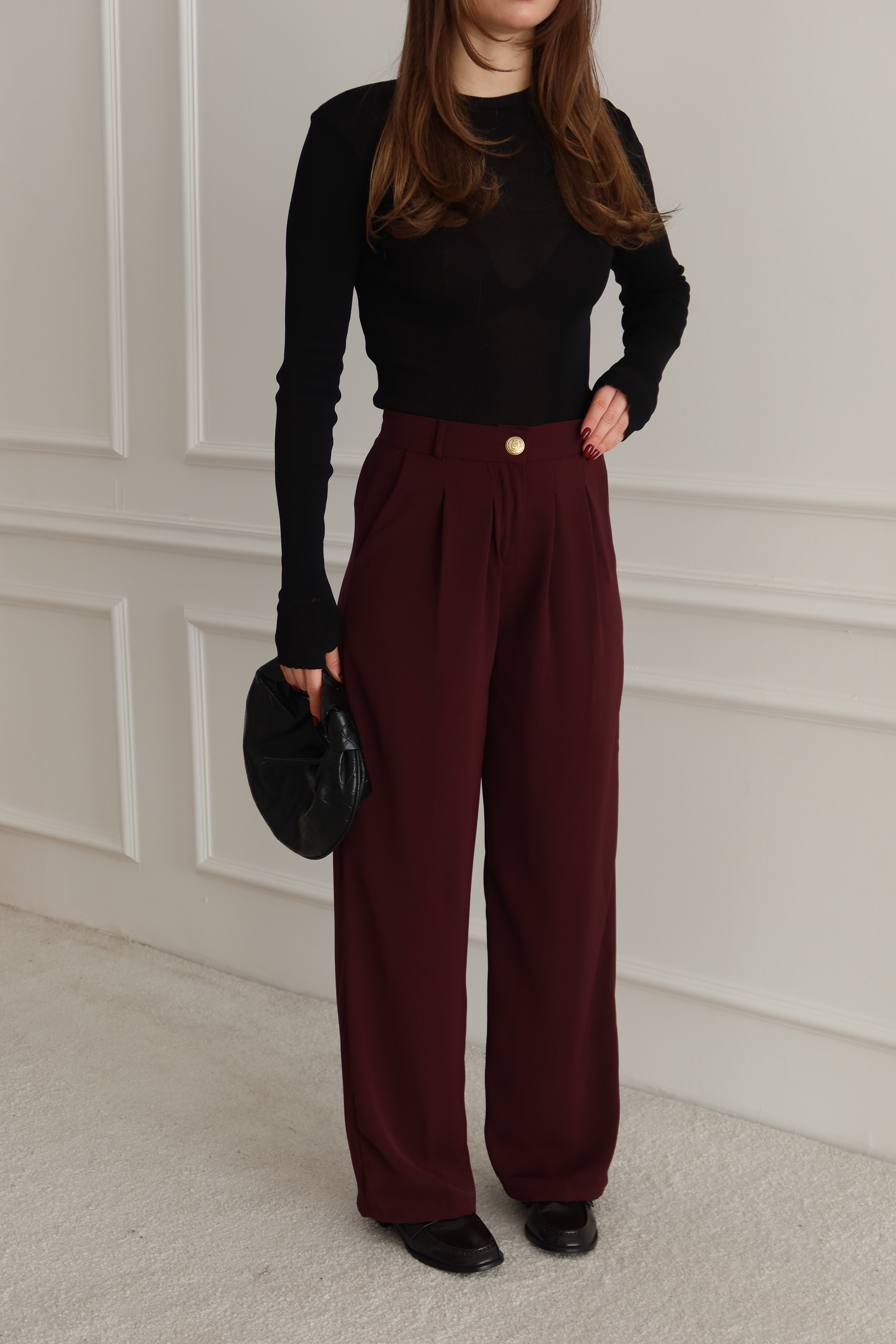 Yüksek Bel Pile Detaylı Bordo Palazzo Pantolon