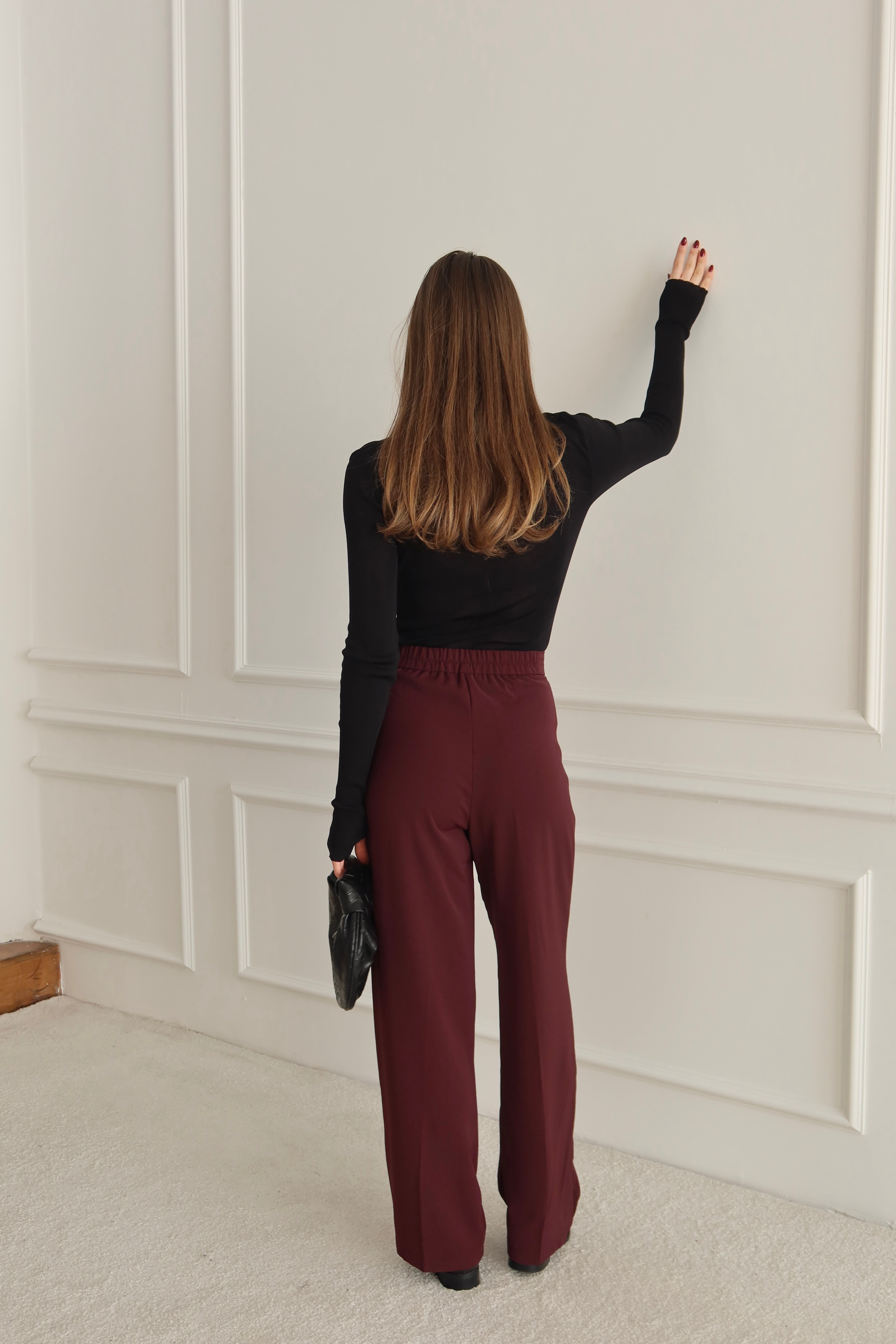 Yüksek Bel Pile Detaylı Bordo Palazzo Pantolon