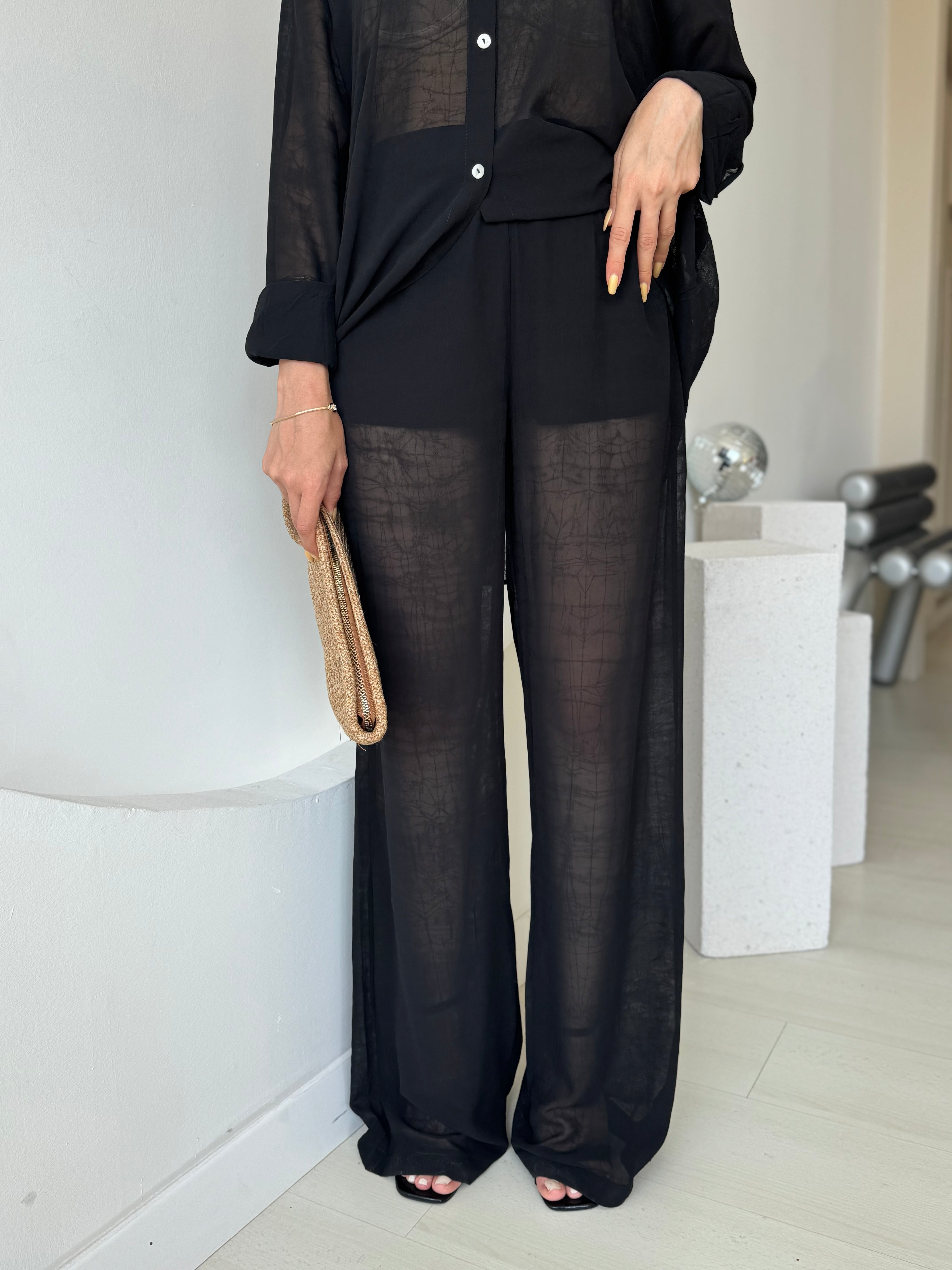 Transparan Şortlu Pantolon Gömlek Takım