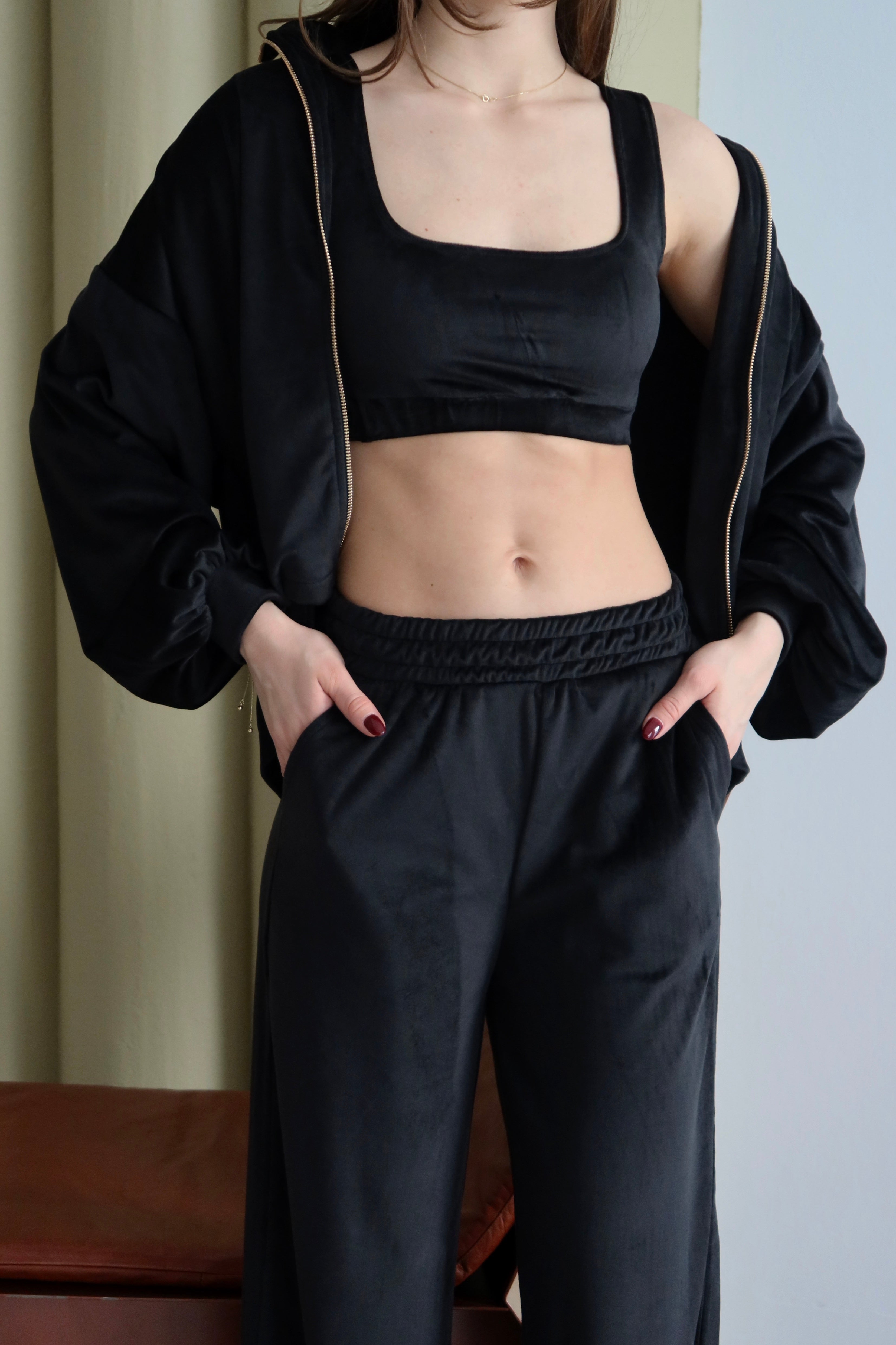 Siyah Fermuarlı 3'lü Kadife Takım