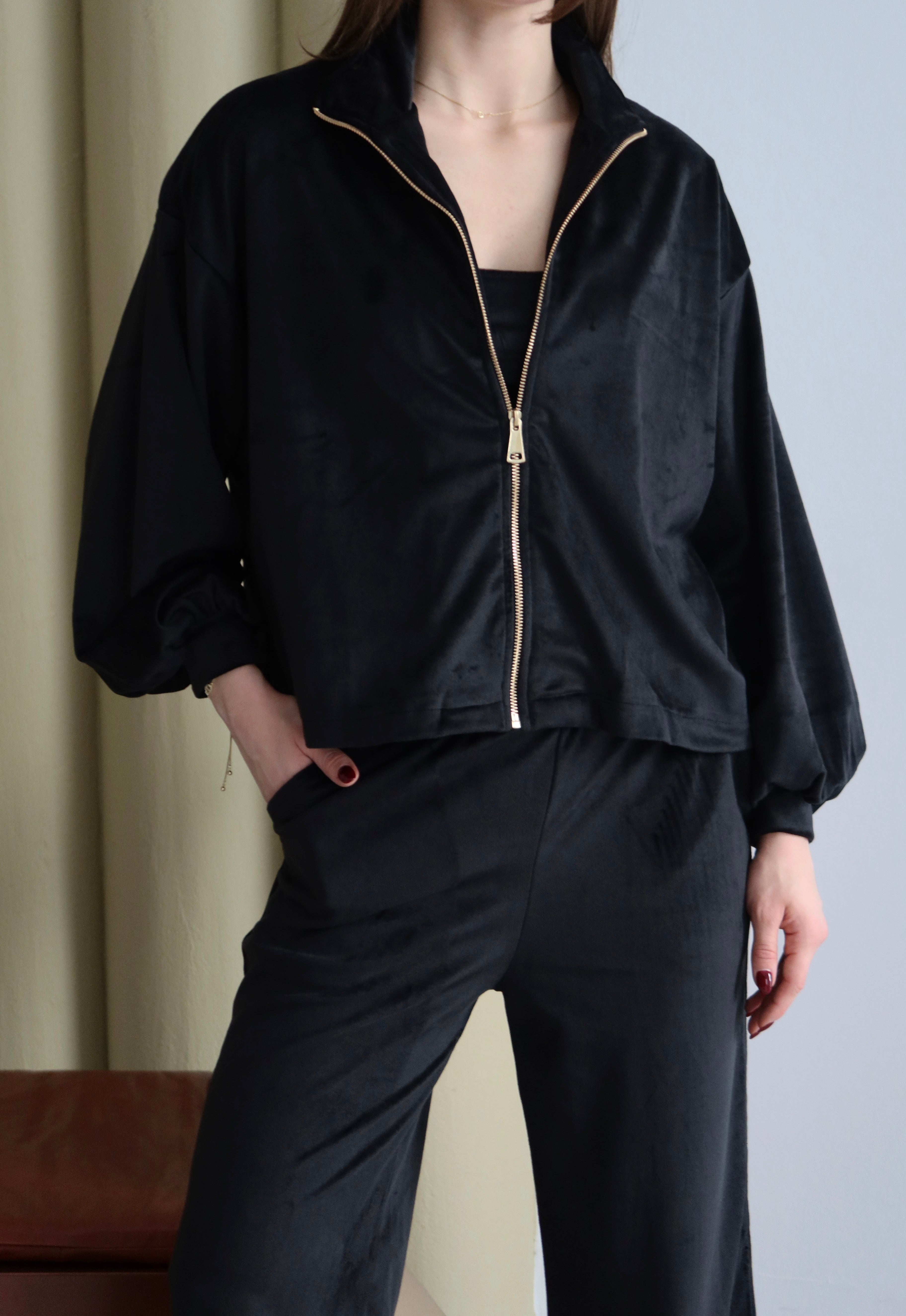 Siyah Fermuarlı 3'lü Kadife Takım