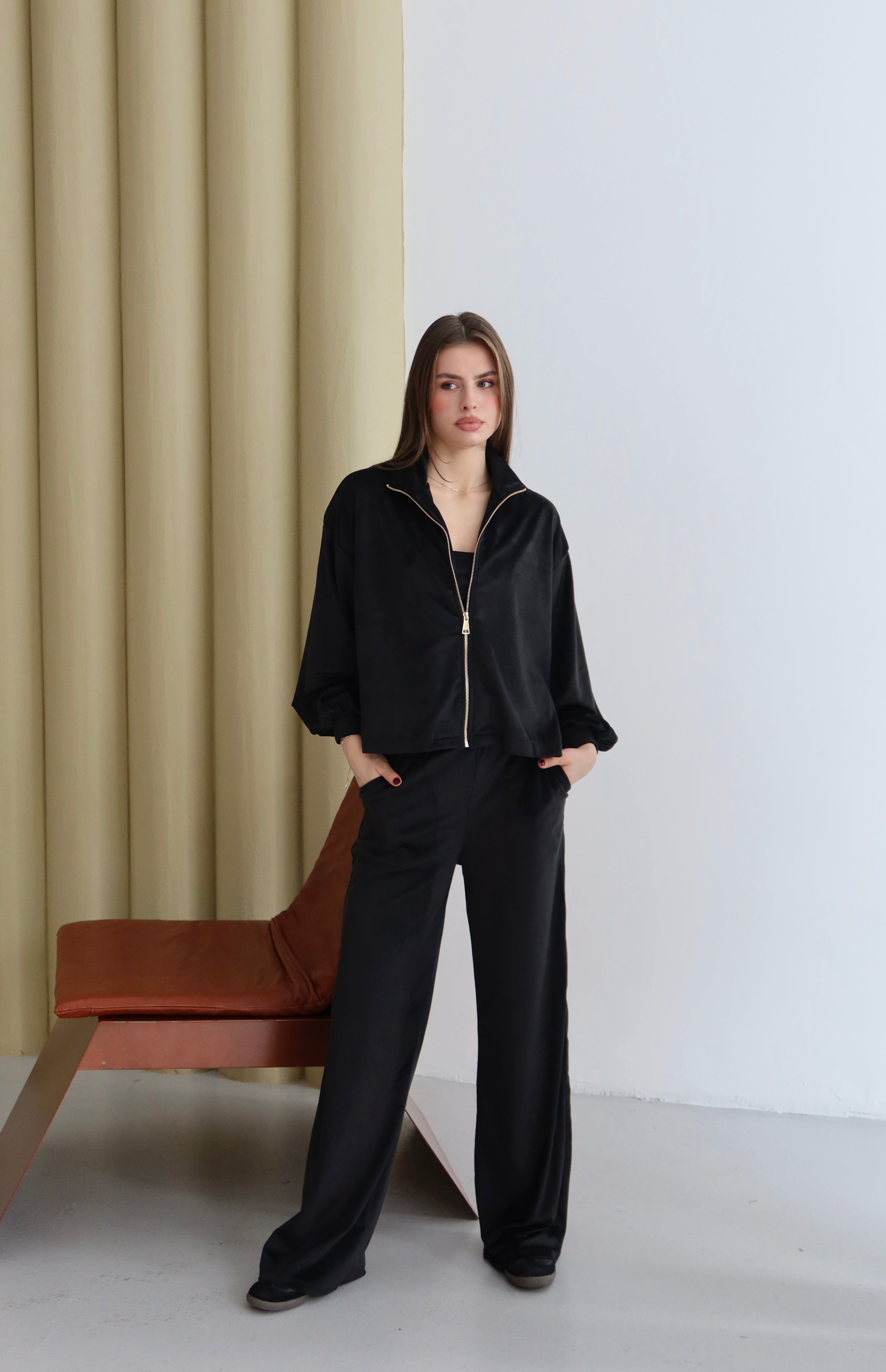 Siyah Fermuarlı 3'lü Kadife Takım