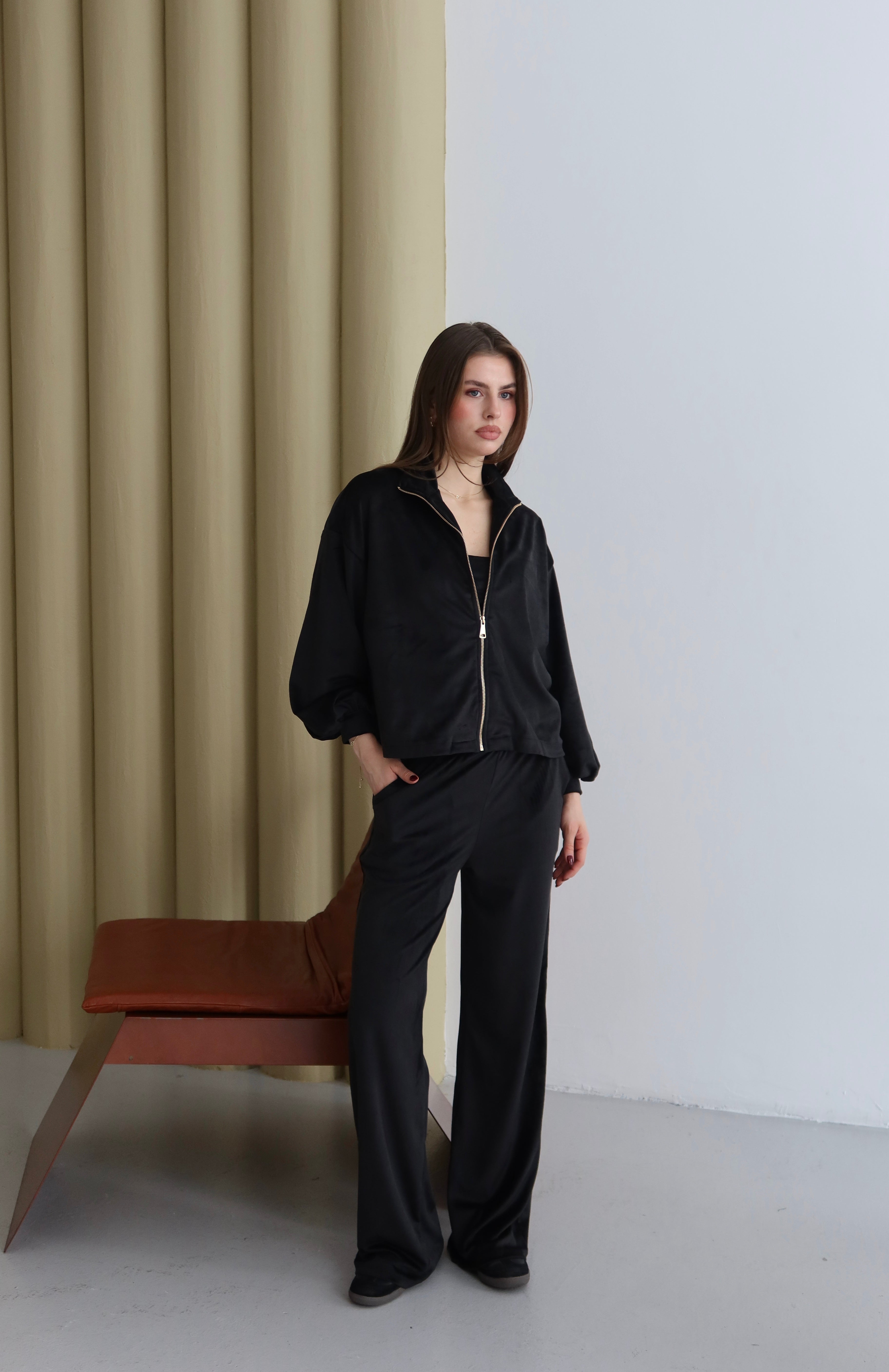 Siyah Fermuarlı 3'lü Kadife Takım