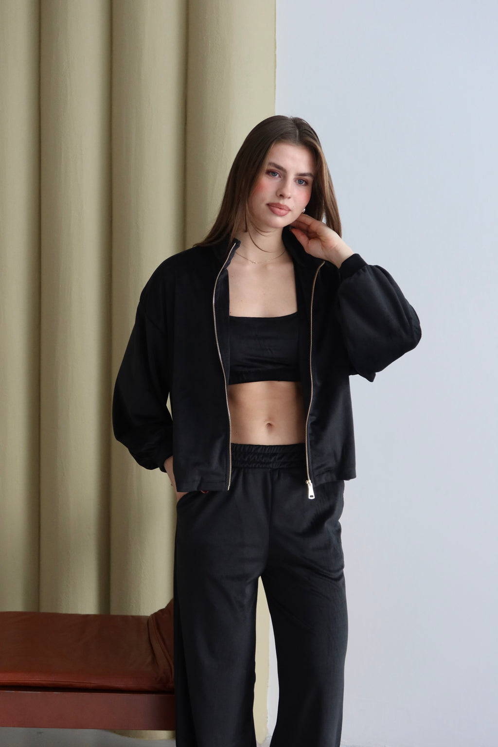 Siyah Fermuarlı 3'lü Kadife Takım