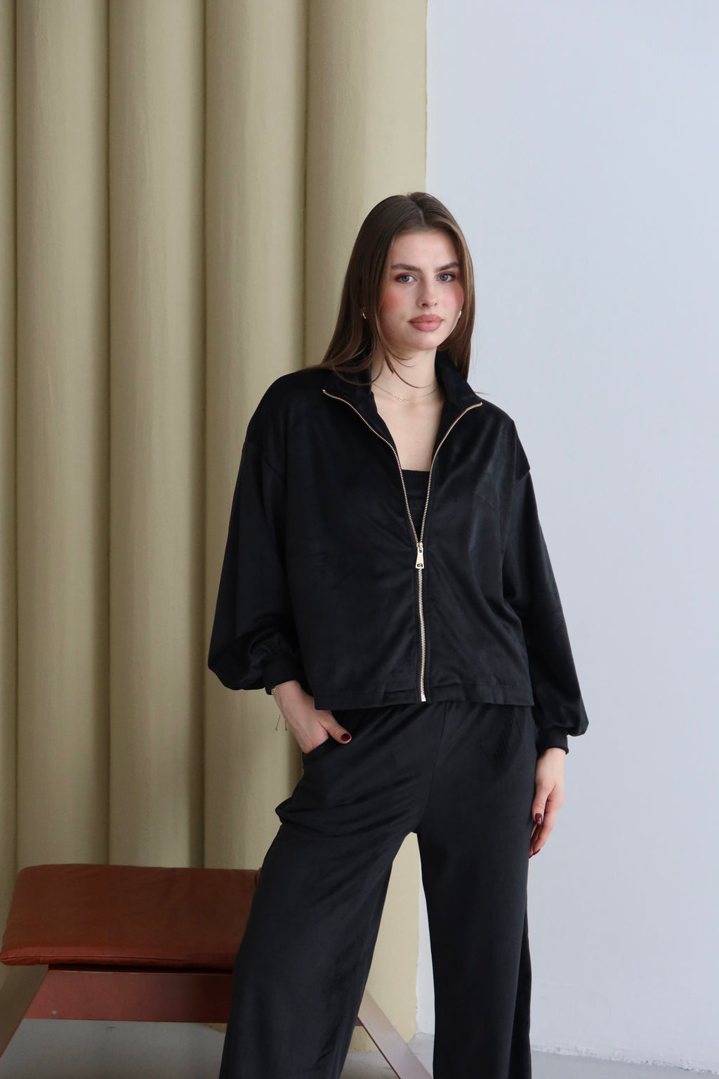 Siyah Fermuarlı 3'lü Kadife Takım