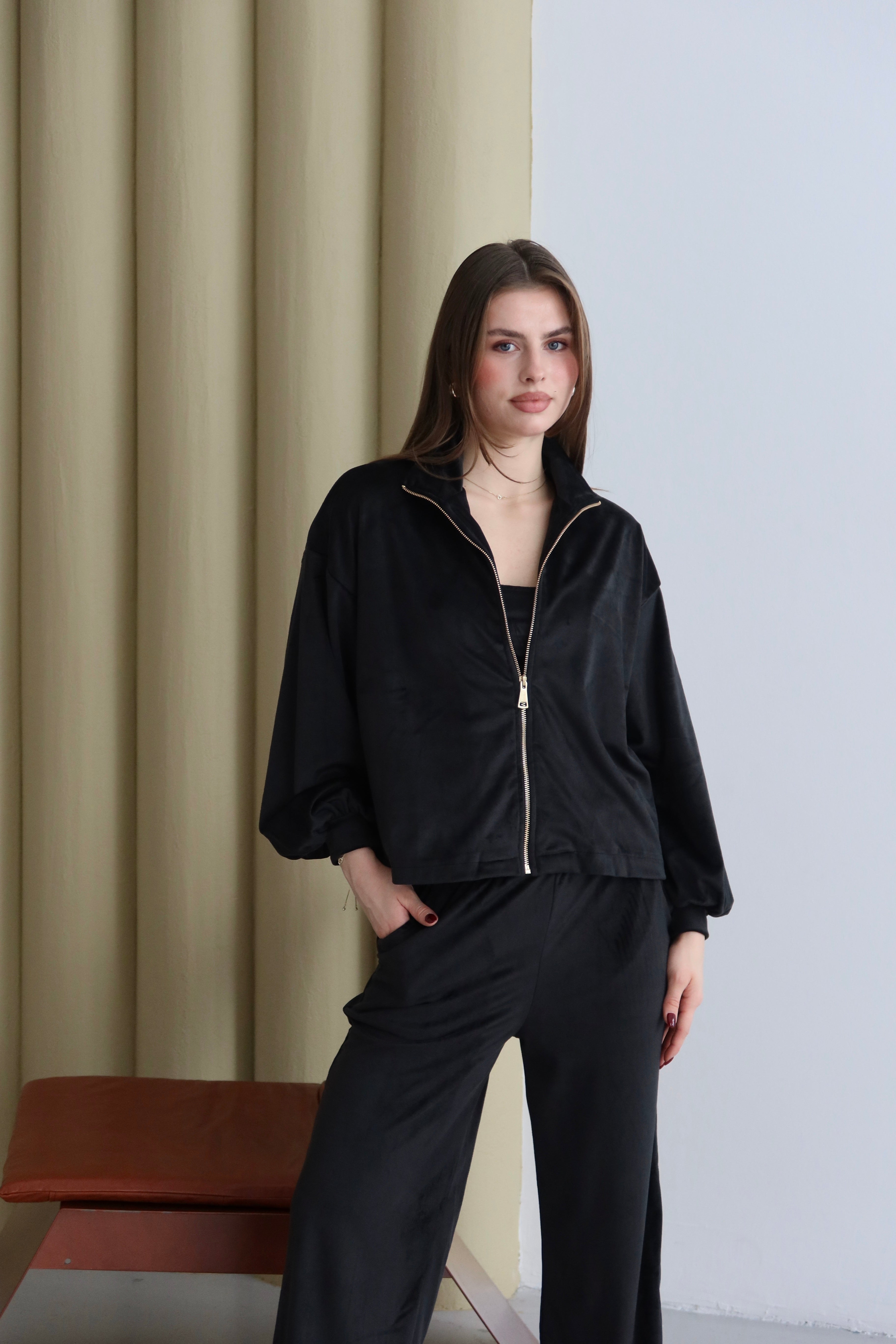 Siyah Fermuarlı 3'lü Kadife Takım