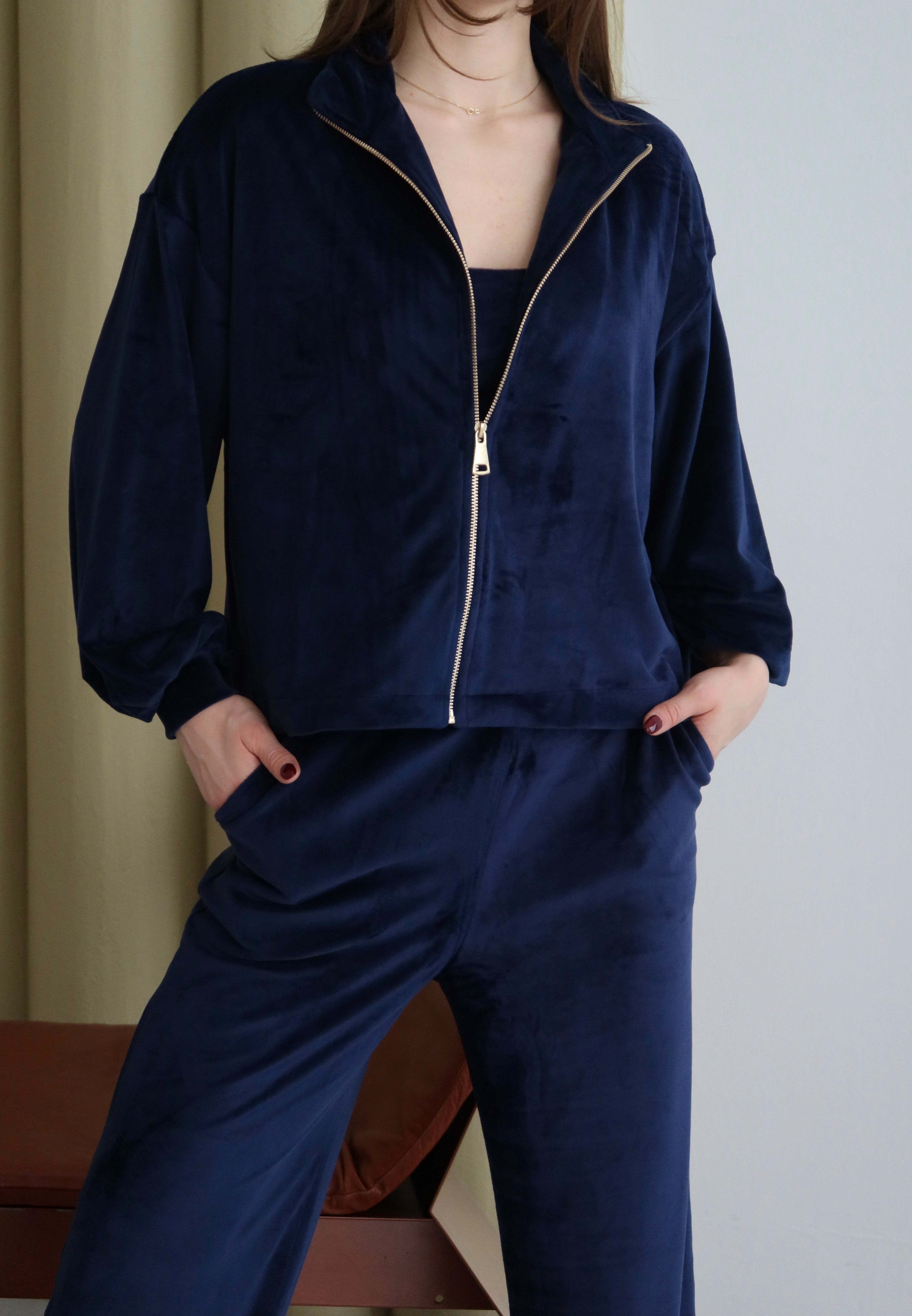 Lacivert Fermuarlı 3'lü Kadife Takım