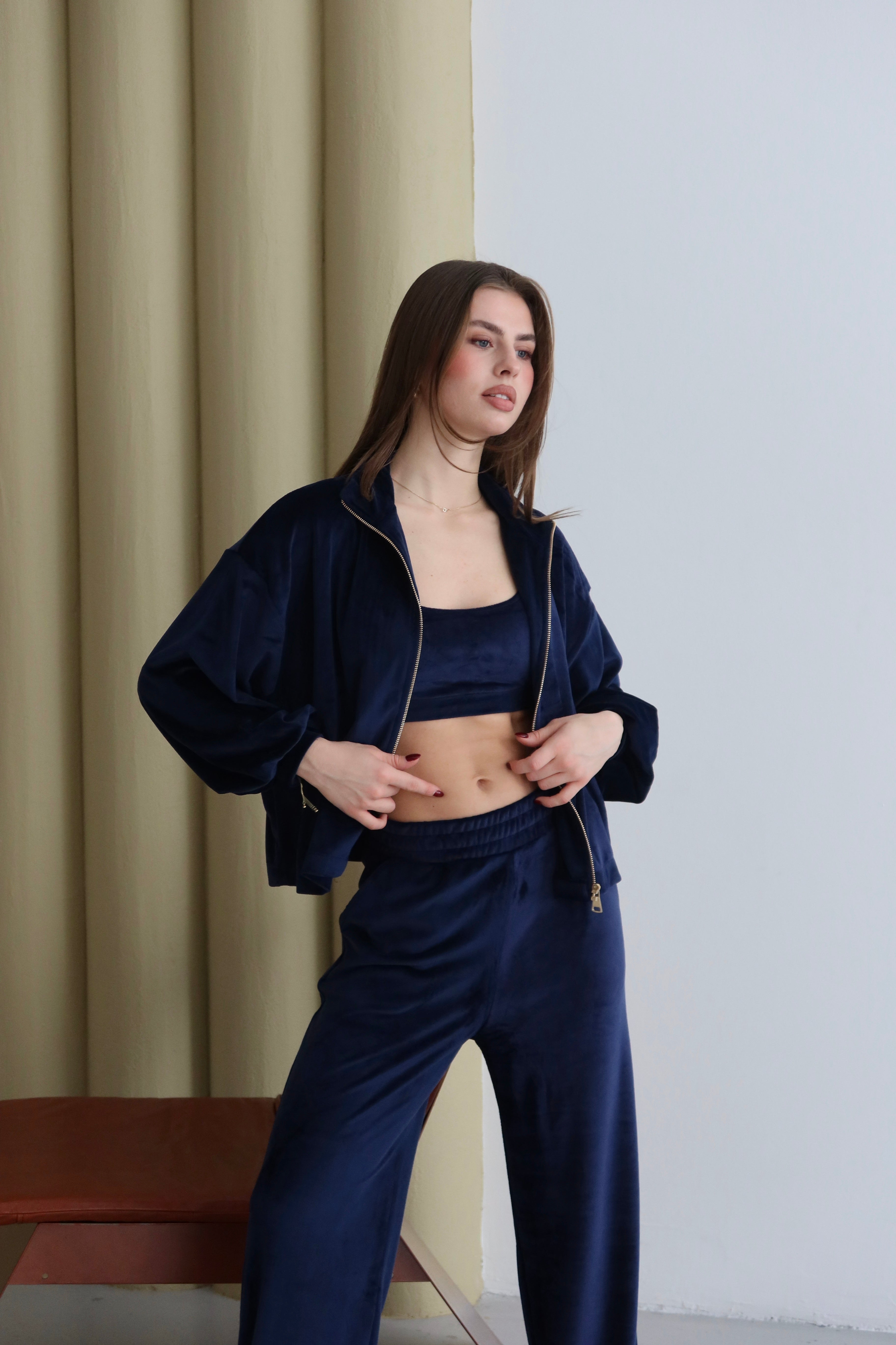 Lacivert Fermuarlı 3'lü Kadife Takım