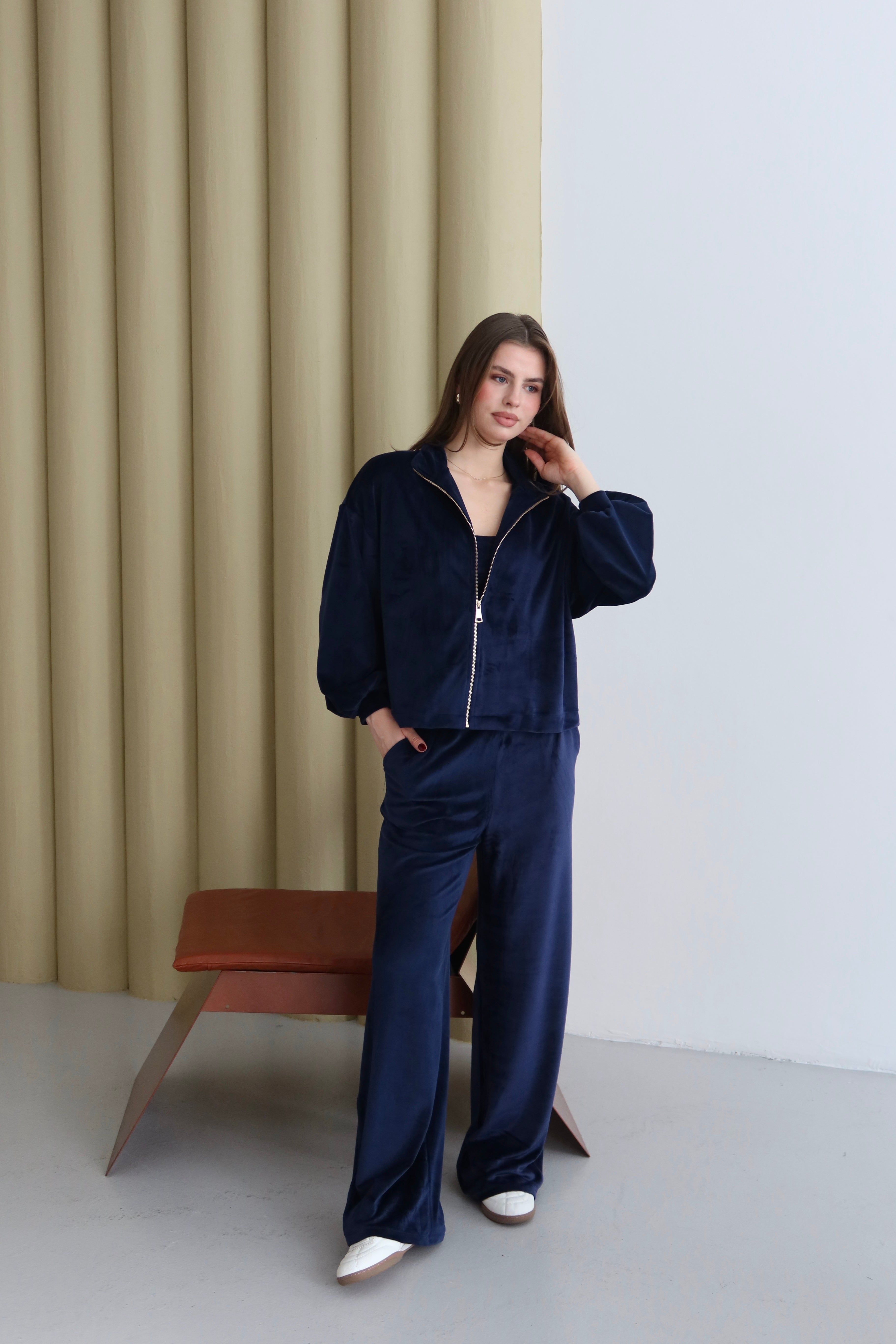 Lacivert Fermuarlı 3'lü Kadife Takım