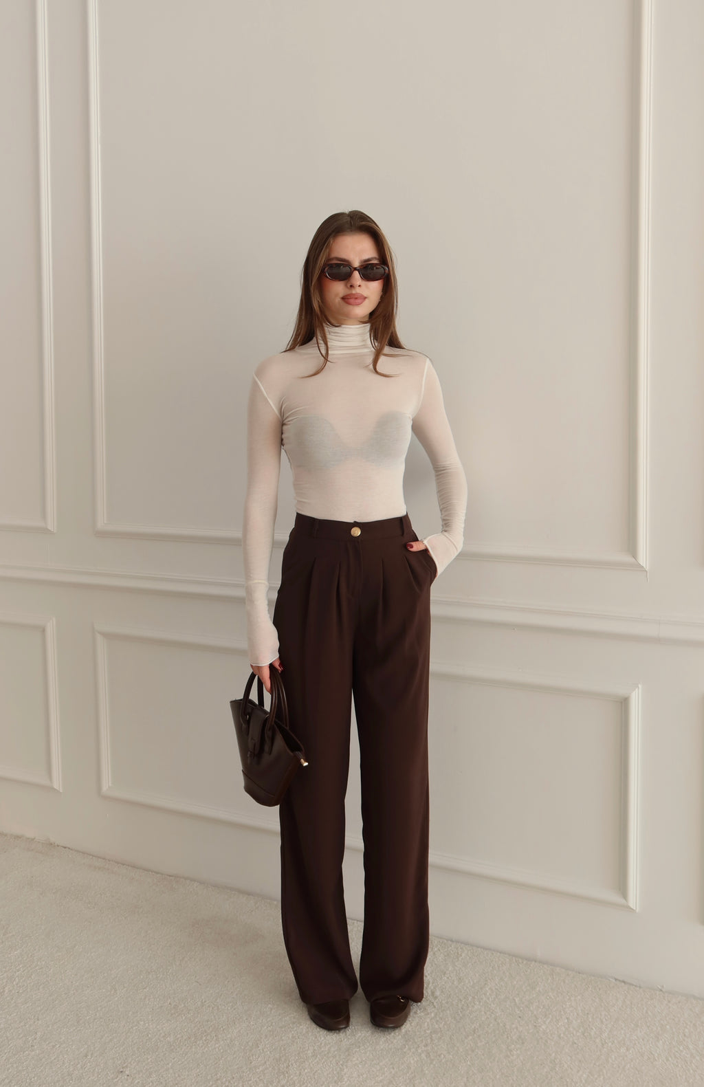 Yüksek Bel Pile Detaylı Kahverengi Palazzo Pantolon