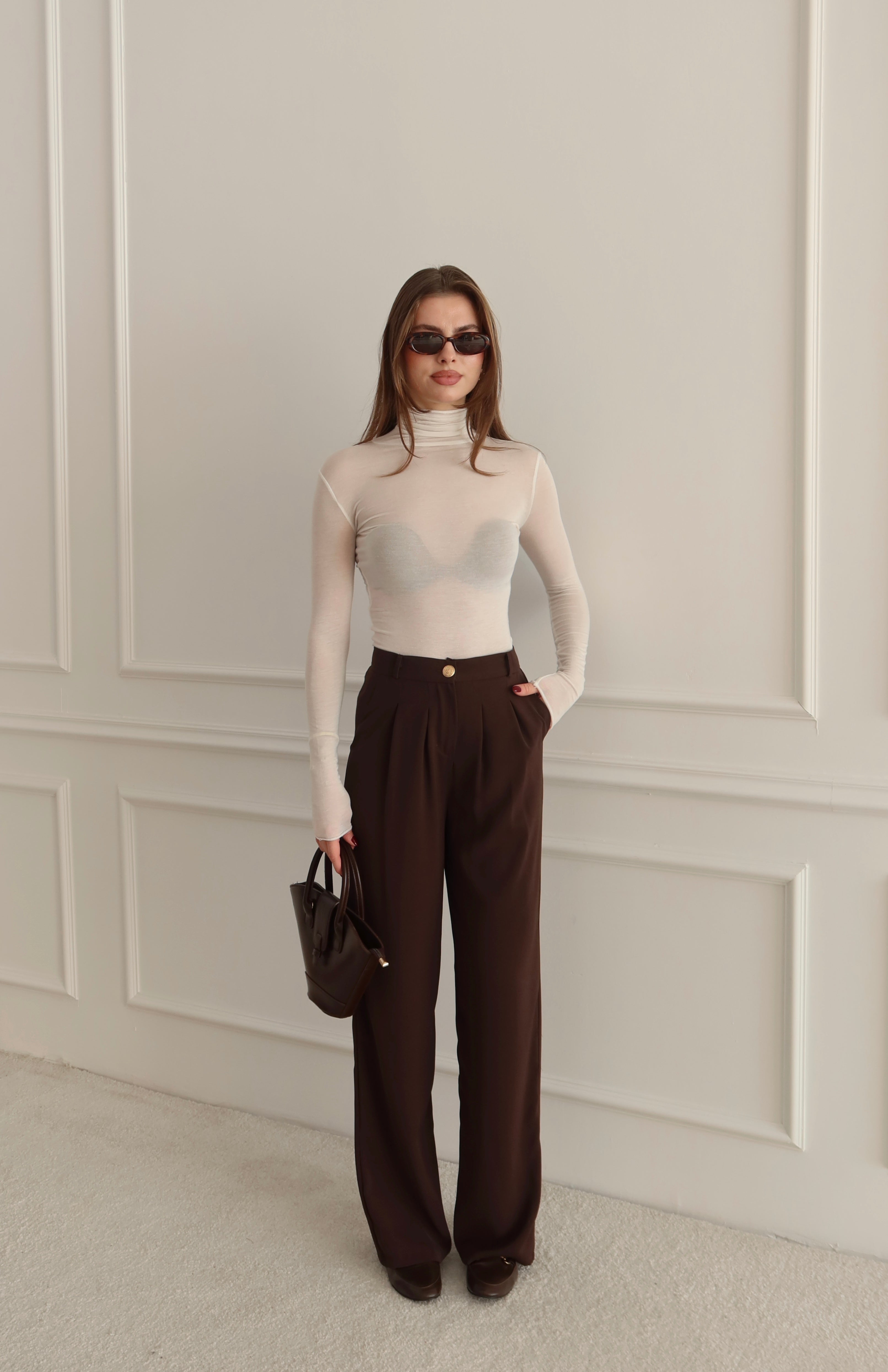 Yüksek Bel Pile Detaylı Kahverengi Palazzo Pantolon