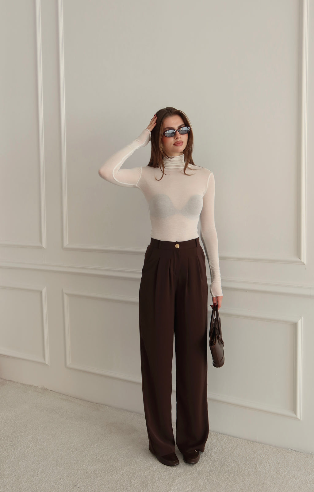 Yüksek Bel Pile Detaylı Kahverengi Palazzo Pantolon