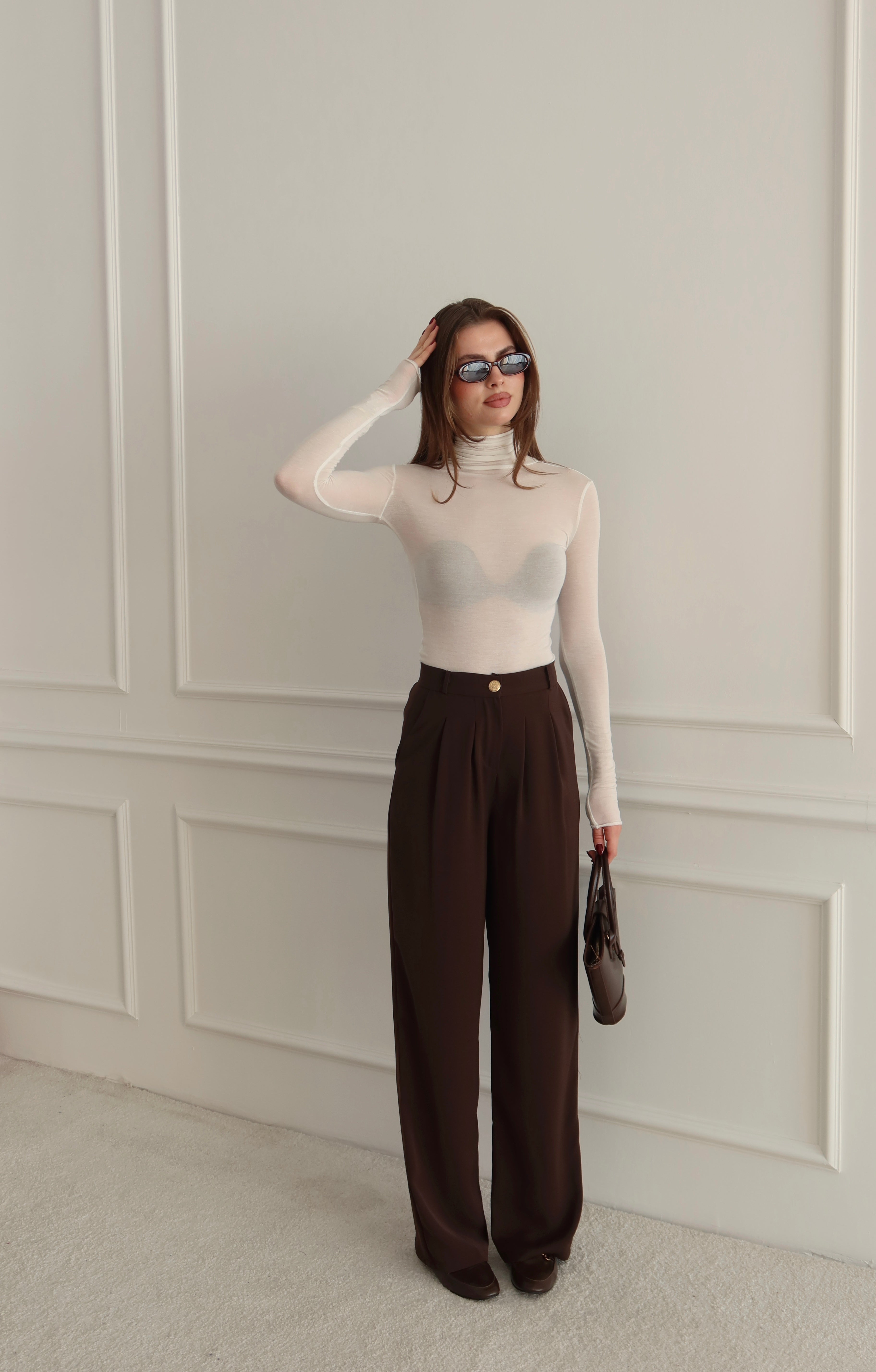 Yüksek Bel Pile Detaylı Kahverengi Palazzo Pantolon