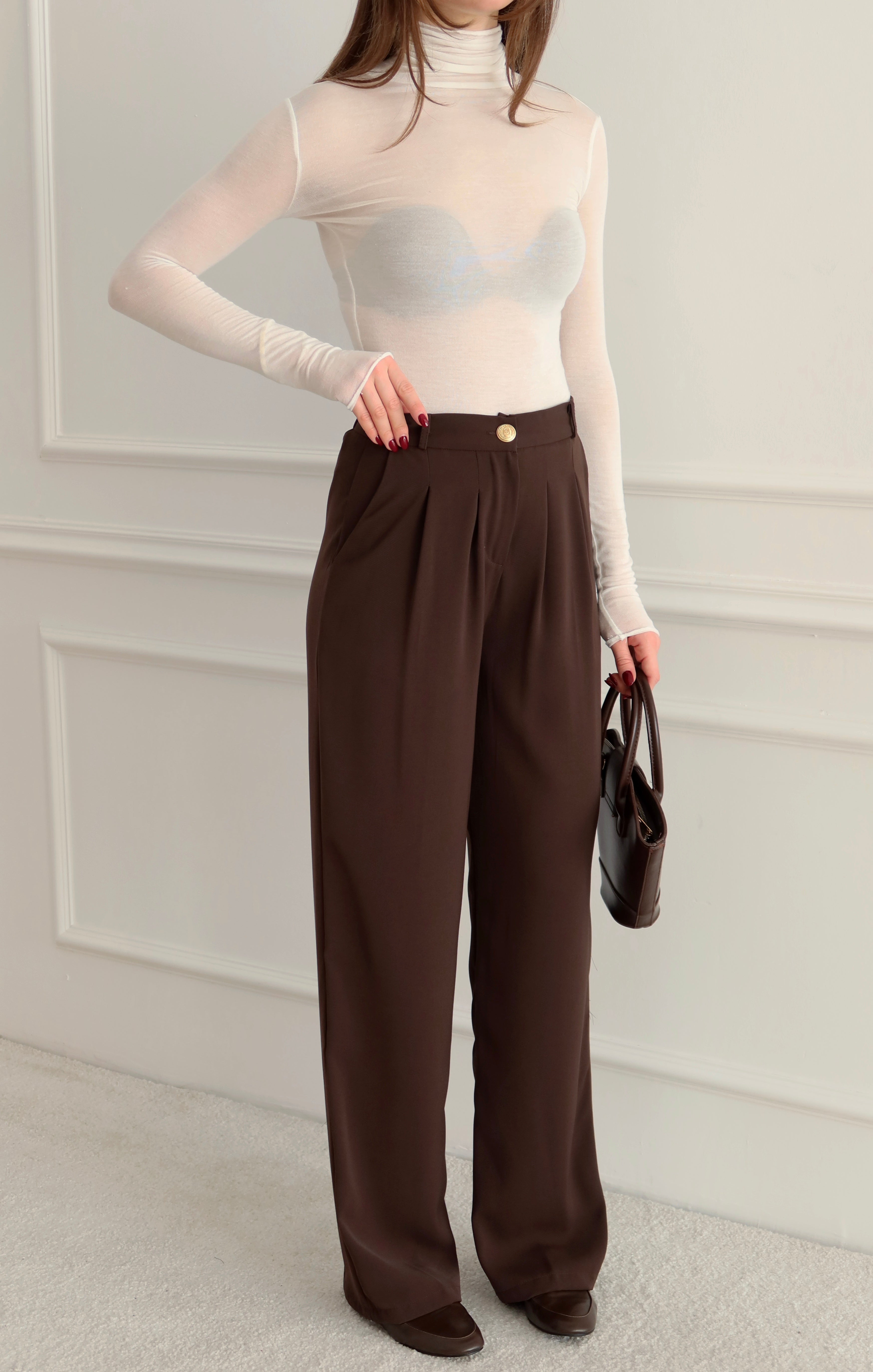 Yüksek Bel Pile Detaylı Kahverengi Palazzo Pantolon