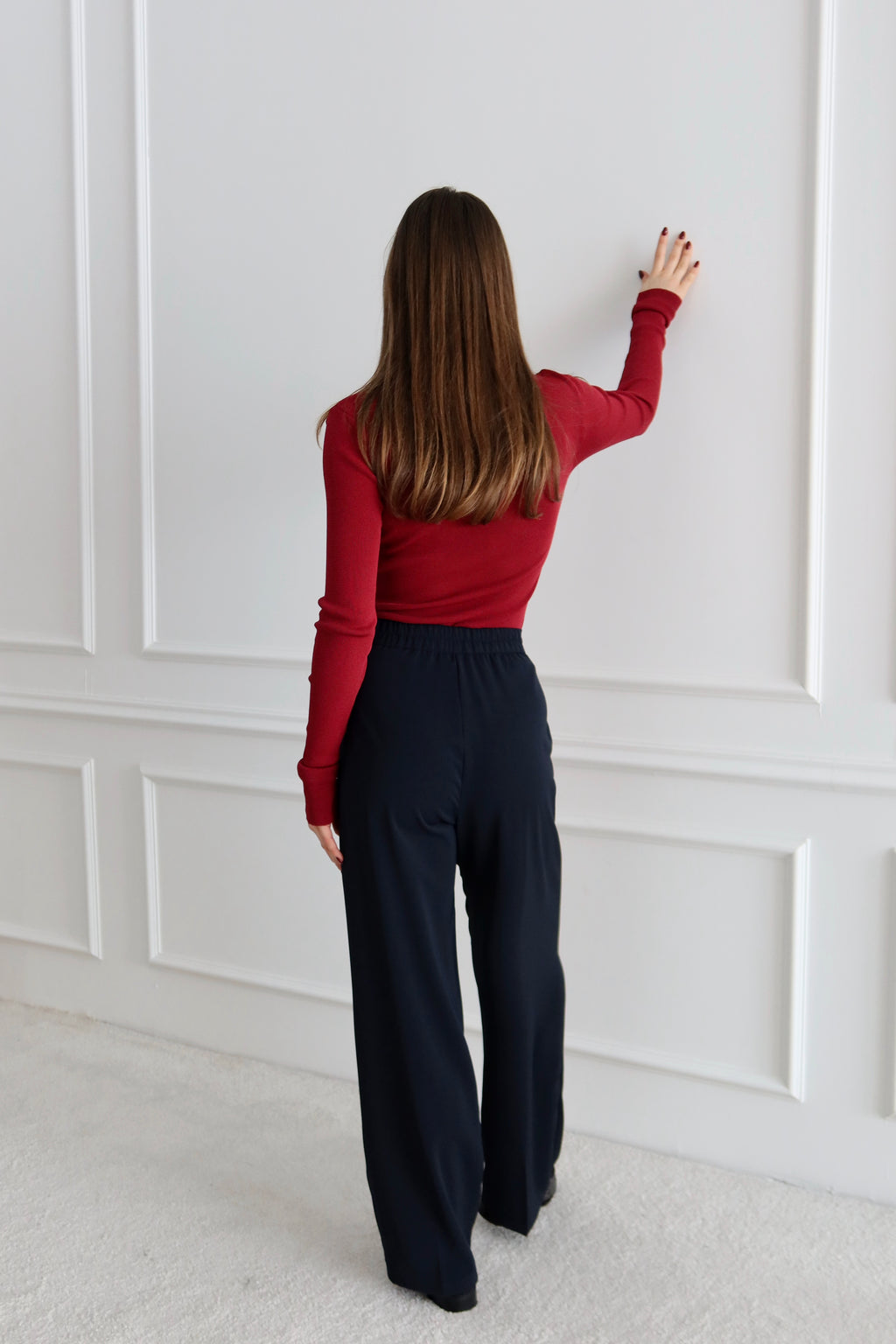 Yüksek Bel Pile Detaylı Lacivert Palazzo Pantolon