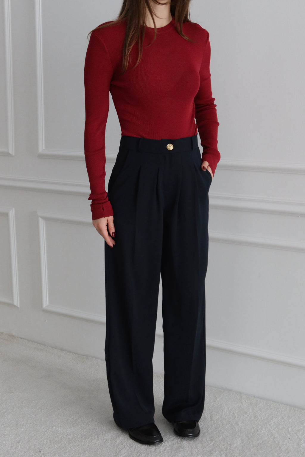 Yüksek Bel Pile Detaylı Lacivert Palazzo Pantolon