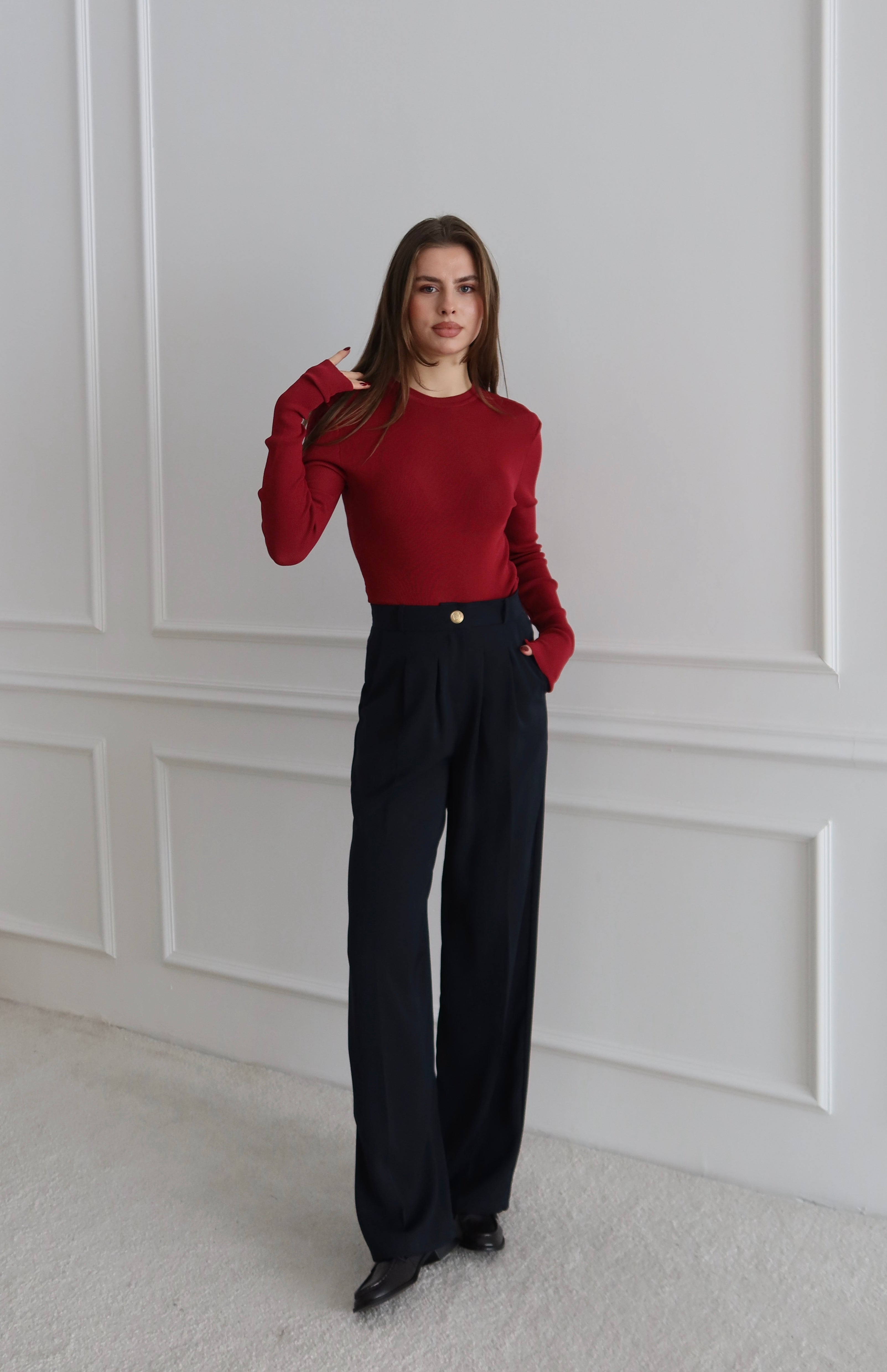 Yüksek Bel Pile Detaylı Lacivert Palazzo Pantolon