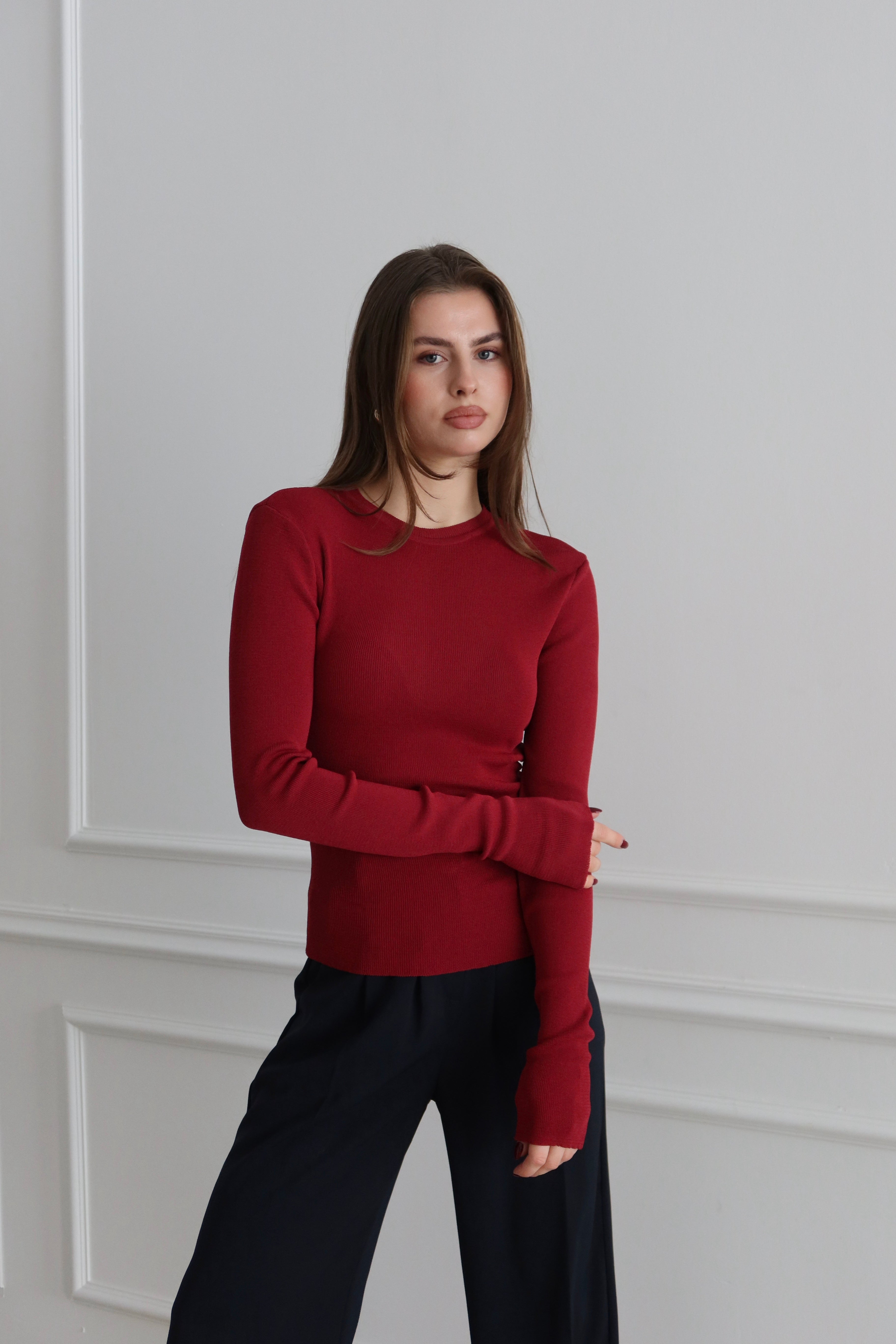 BİLEKTEN GEÇMELİ BORDO BASİC TRİKO