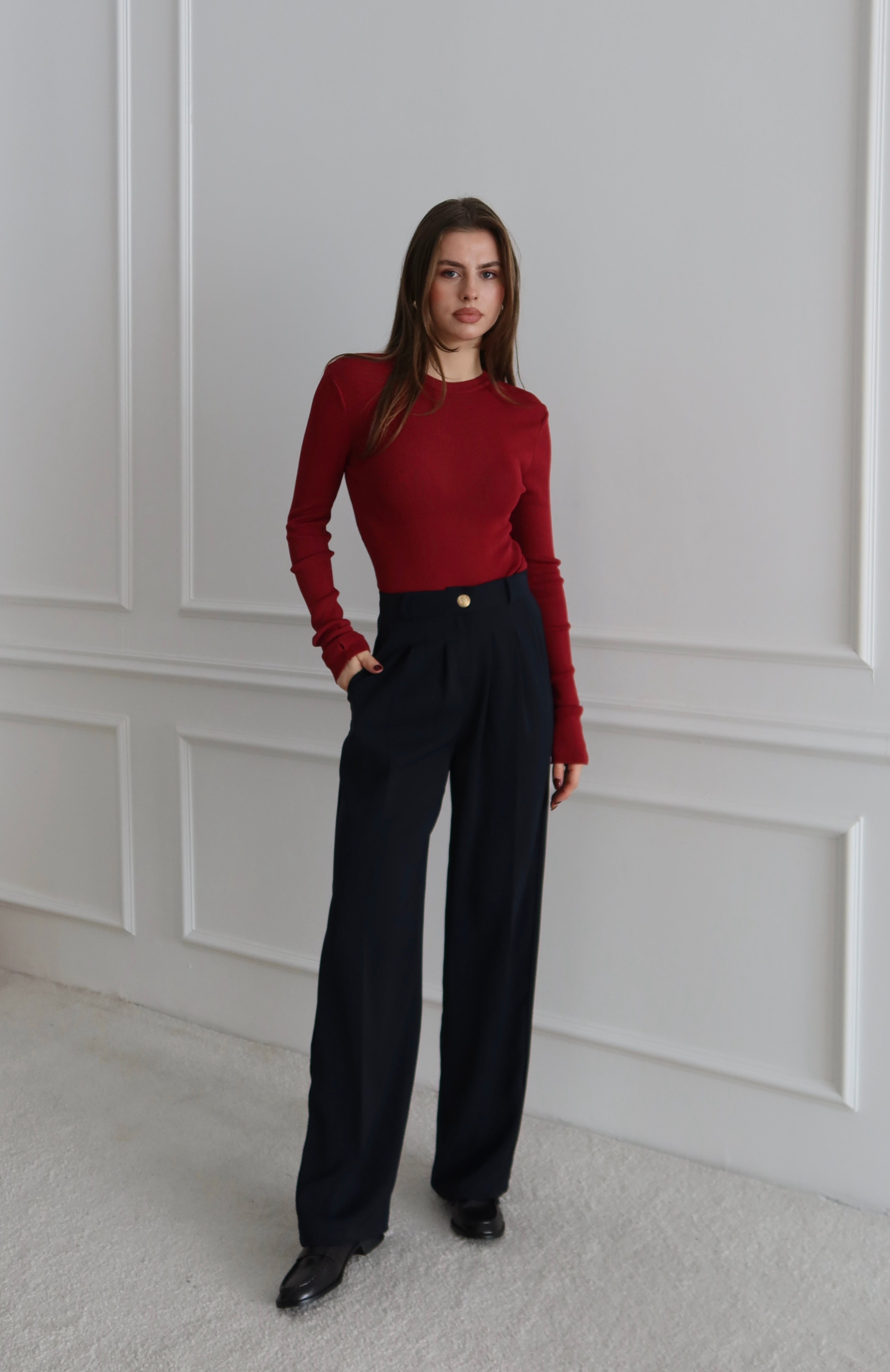 Yüksek Bel Pile Detaylı Lacivert Palazzo Pantolon