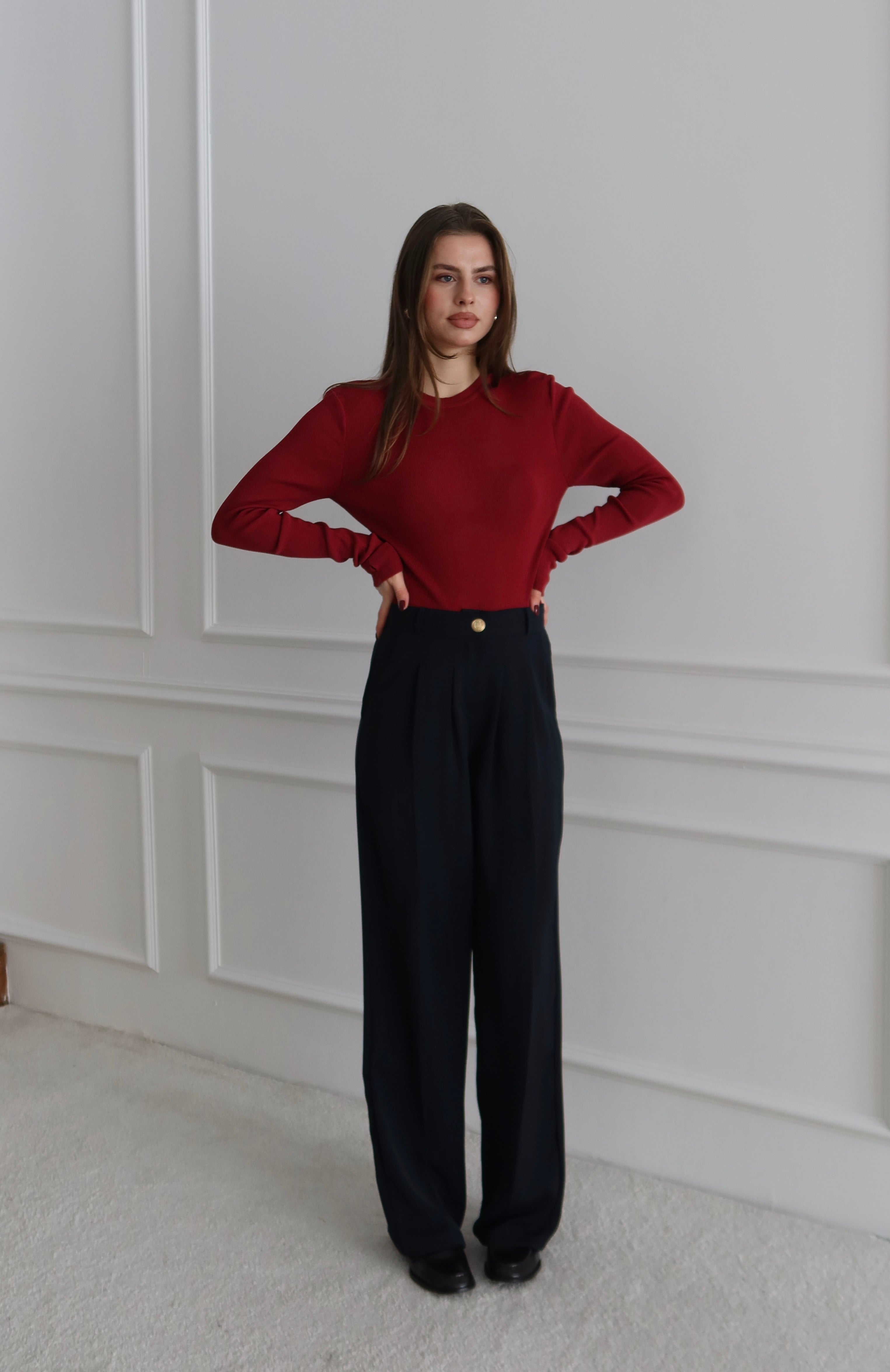 Yüksek Bel Pile Detaylı Lacivert Palazzo Pantolon