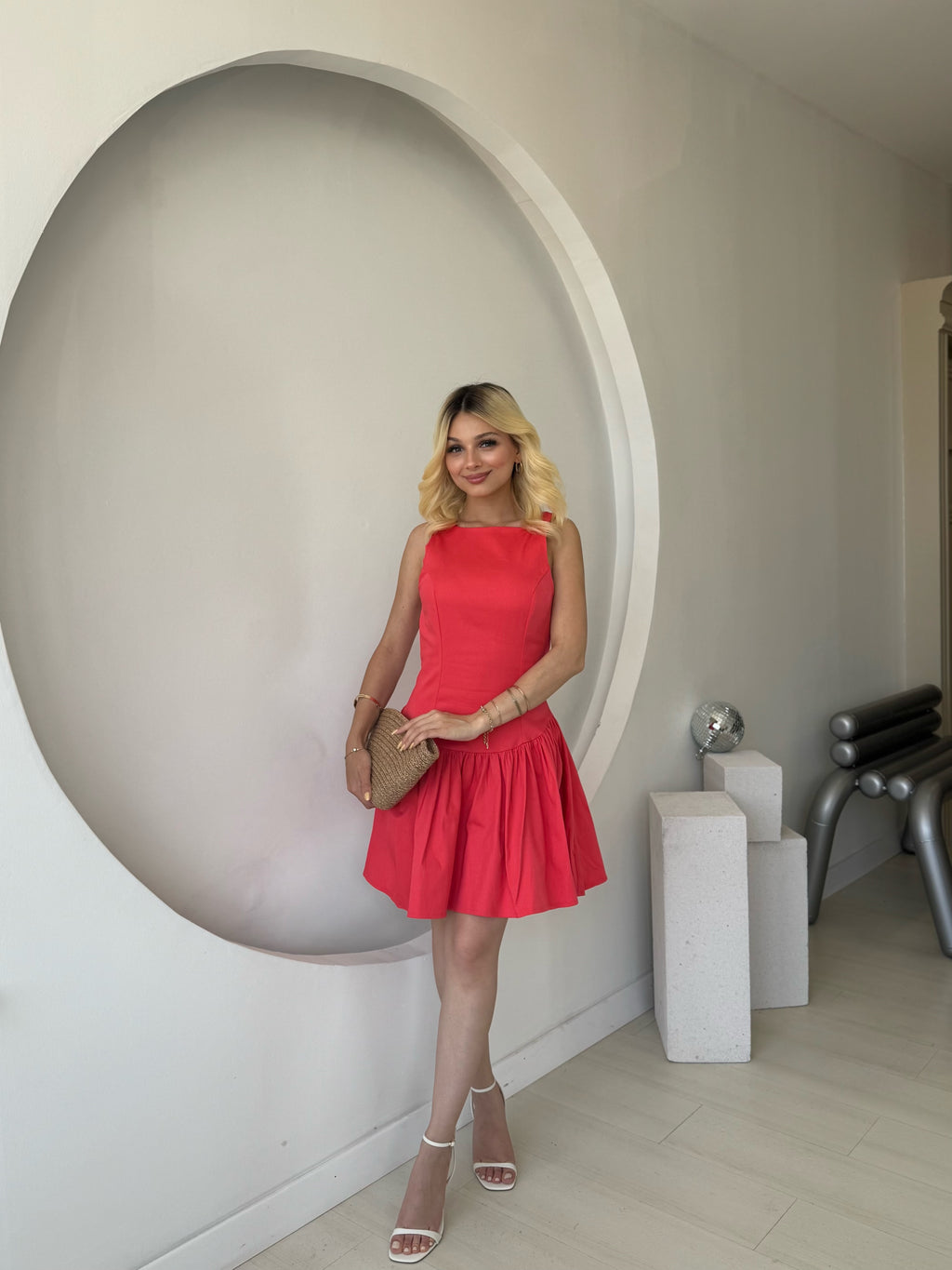 Nar Çiçeği Büzgülü Mini Elbise