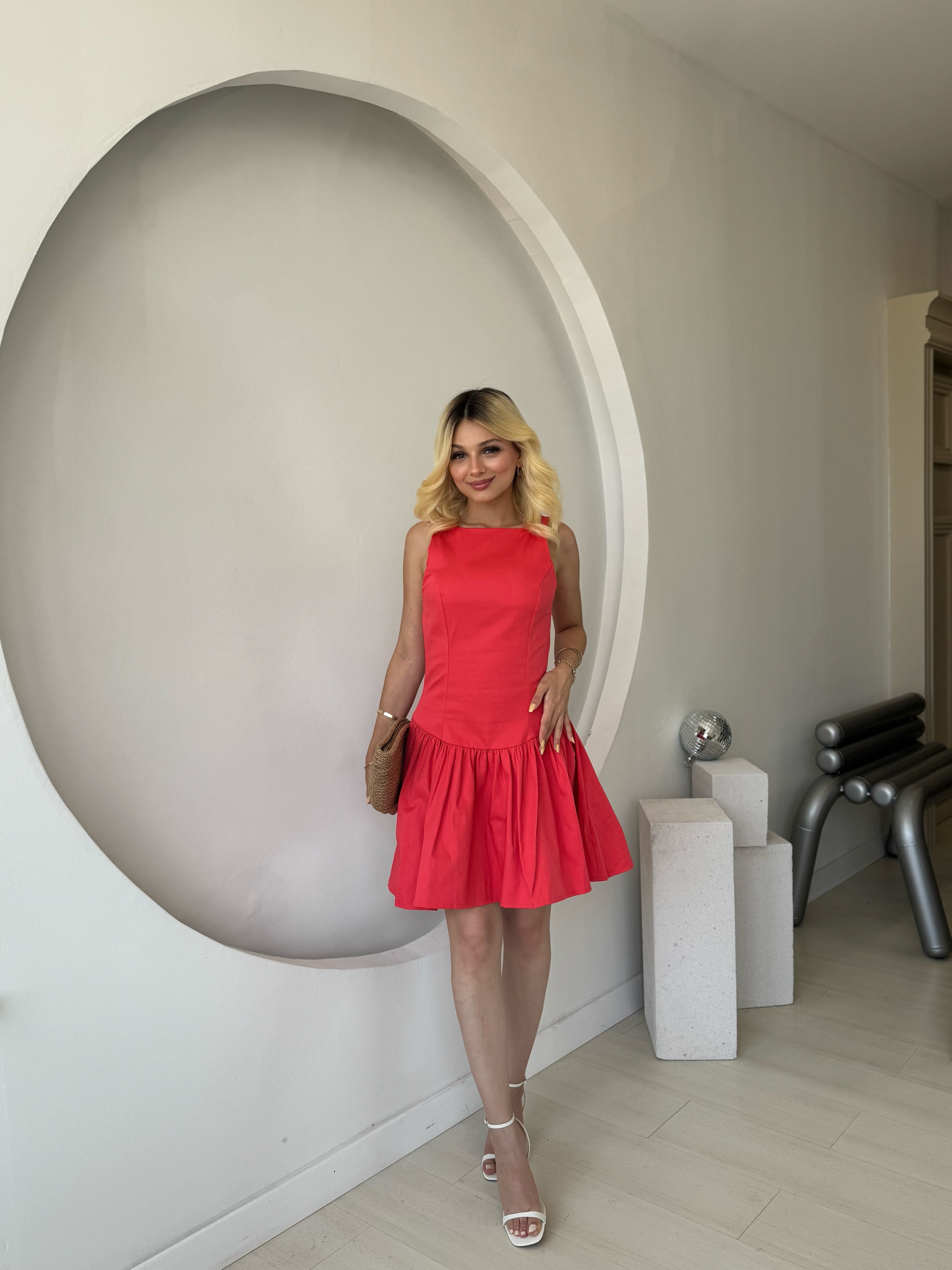 Nar Çiçeği Büzgülü Mini Elbise