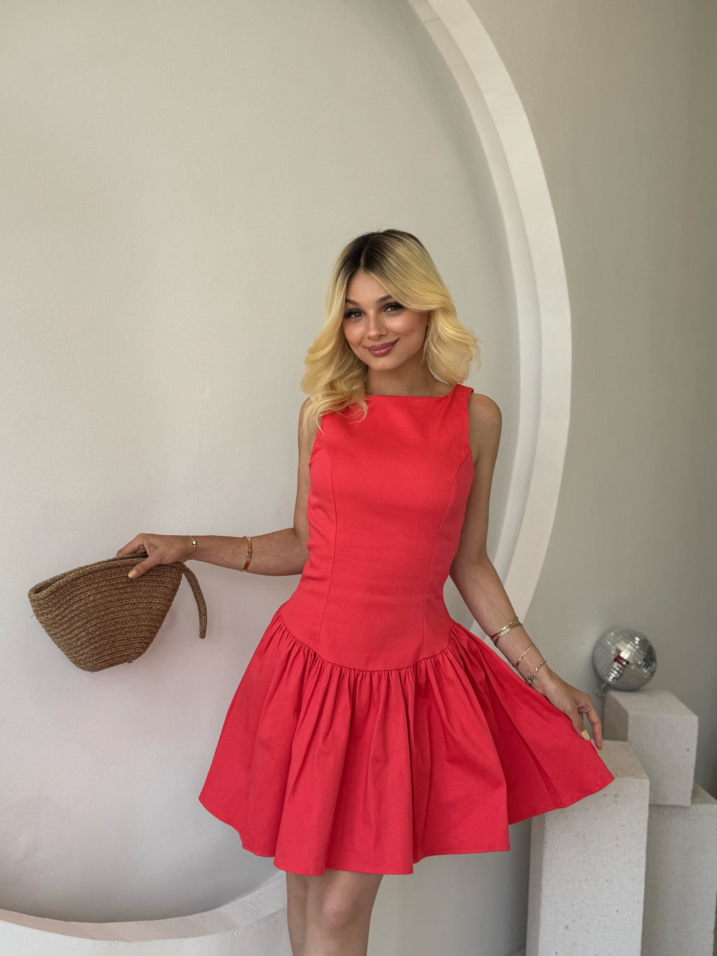 Nar Çiçeği Büzgülü Mini Elbise