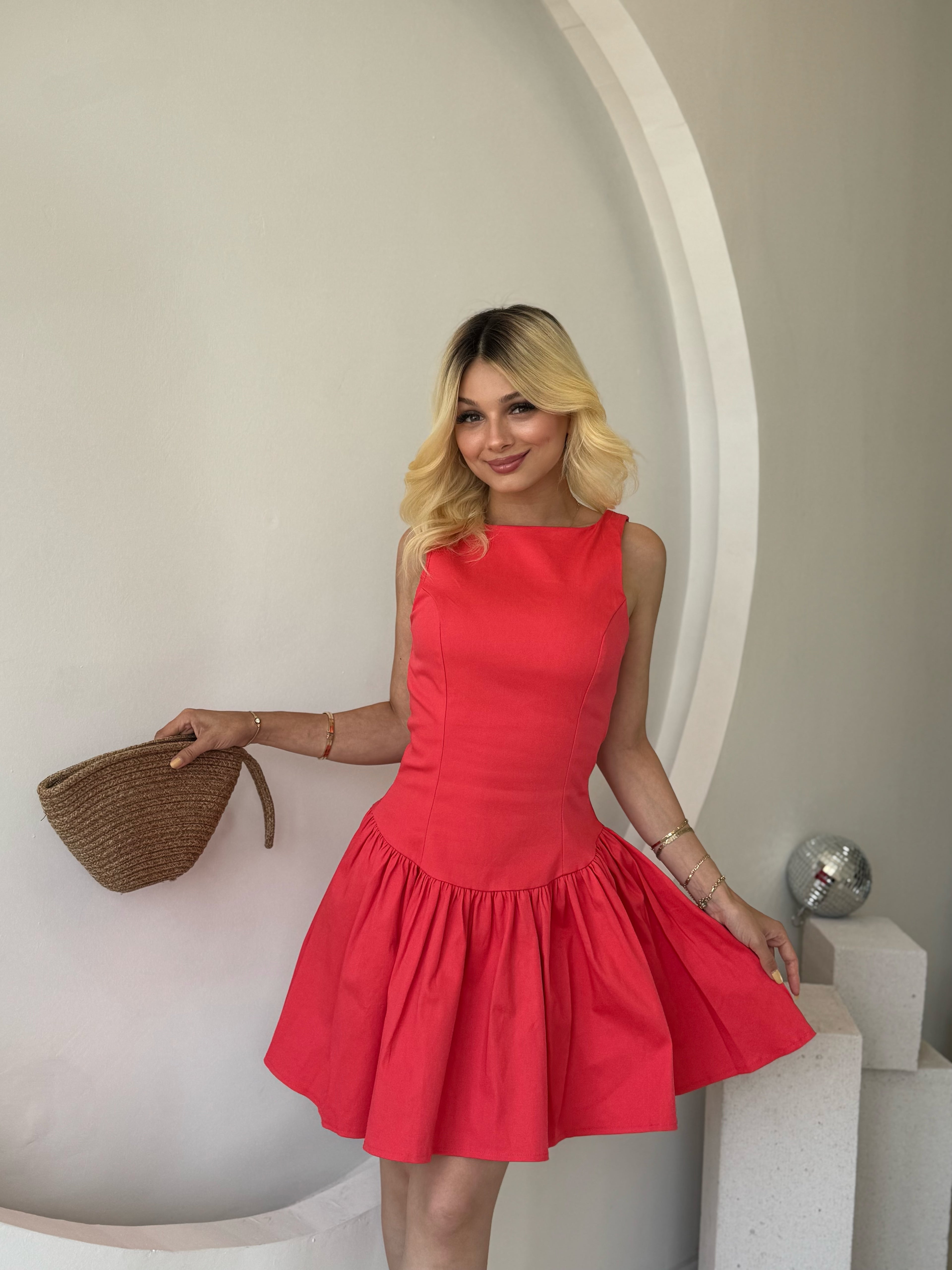 Nar Çiçeği Büzgülü Mini Elbise