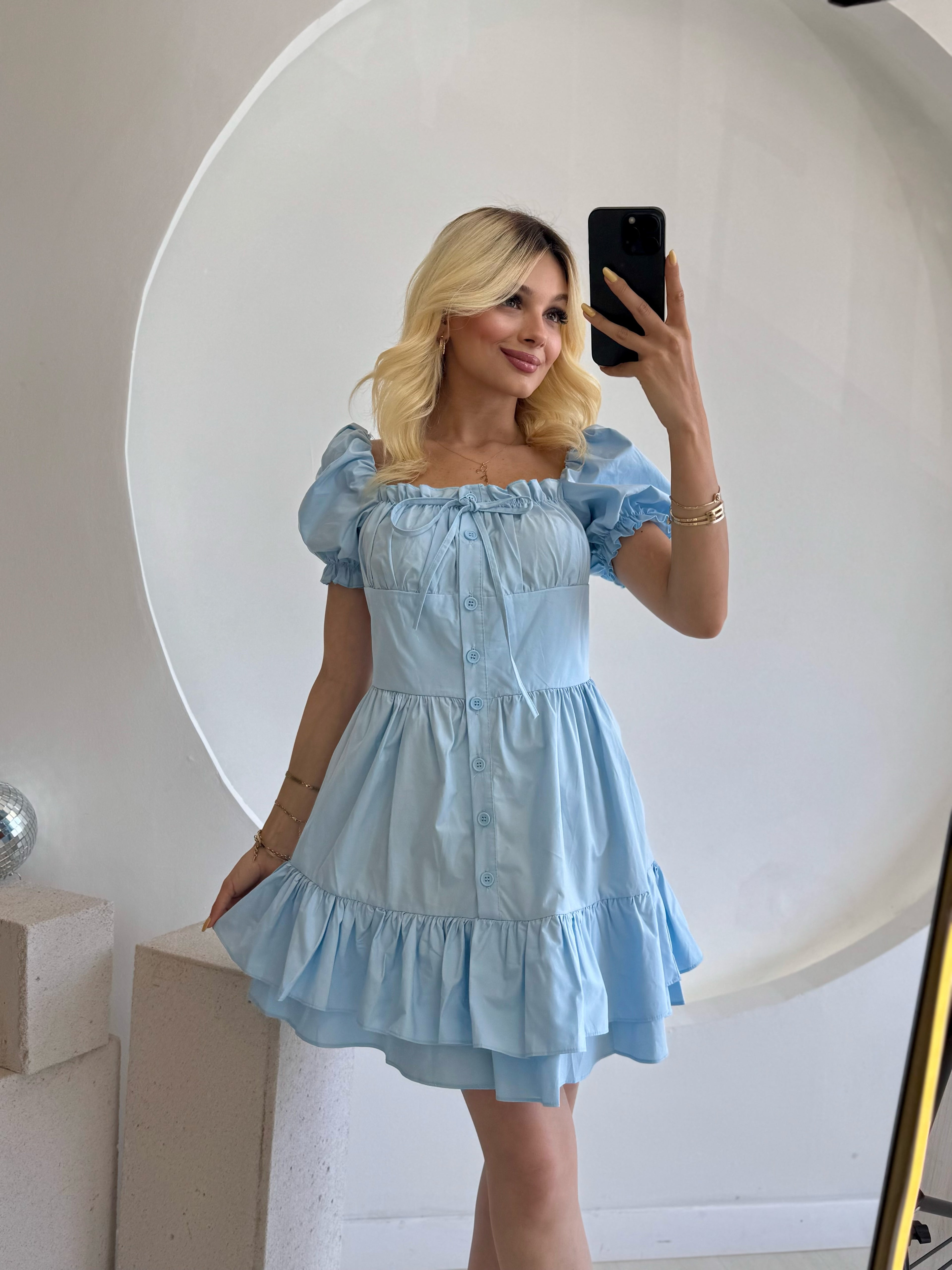 Mavi Kabarık Kol Ve Düğme Detaylı Elbise