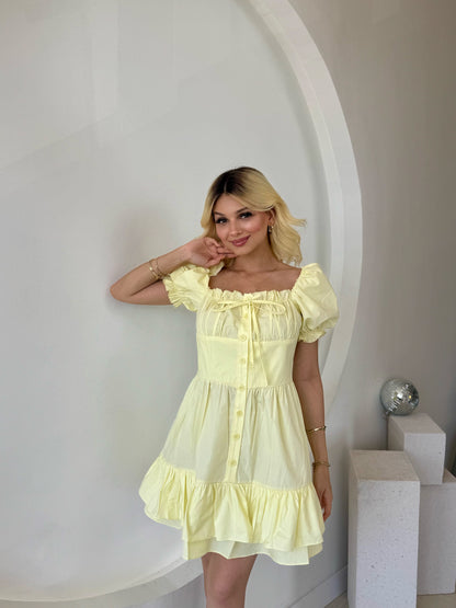 Sarı Kabarık Kol Ve Düğme Detaylı Elbise