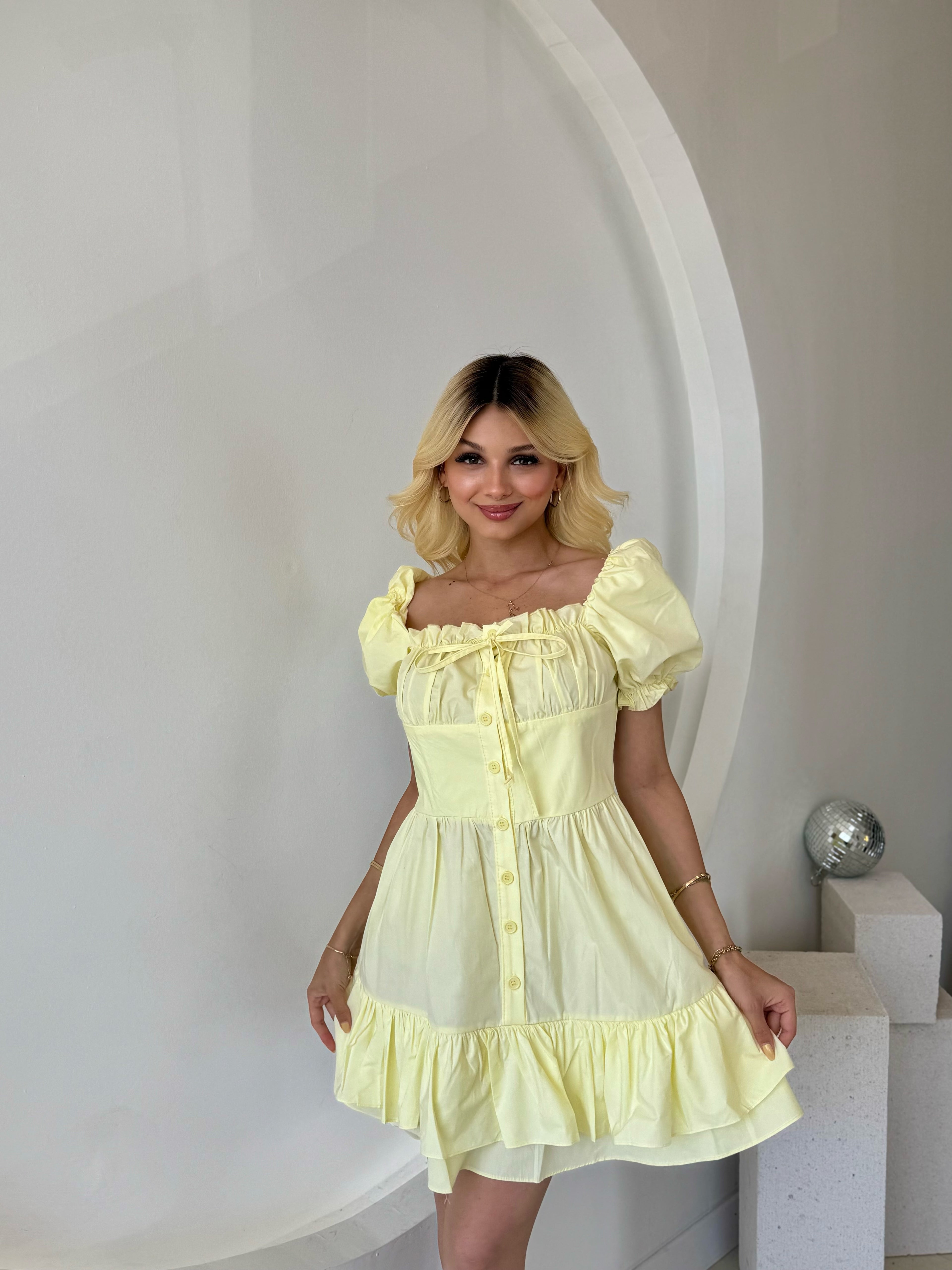 Sarı Kabarık Kol Ve Düğme Detaylı Elbise