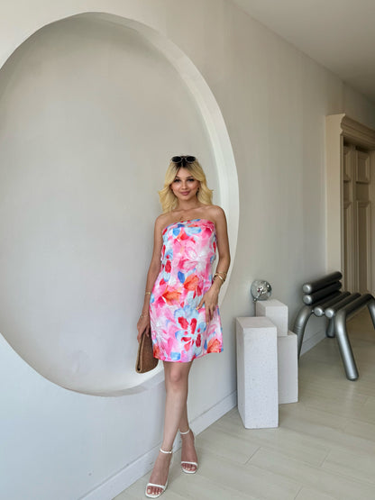 Renkli Çiçek Desenli Straplez Mini Elbise Pembe