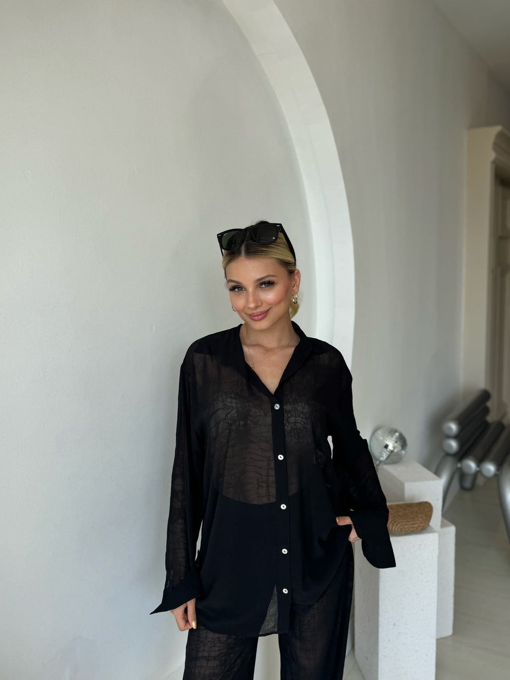 Transparan Şortlu Pantolon Gömlek Takım