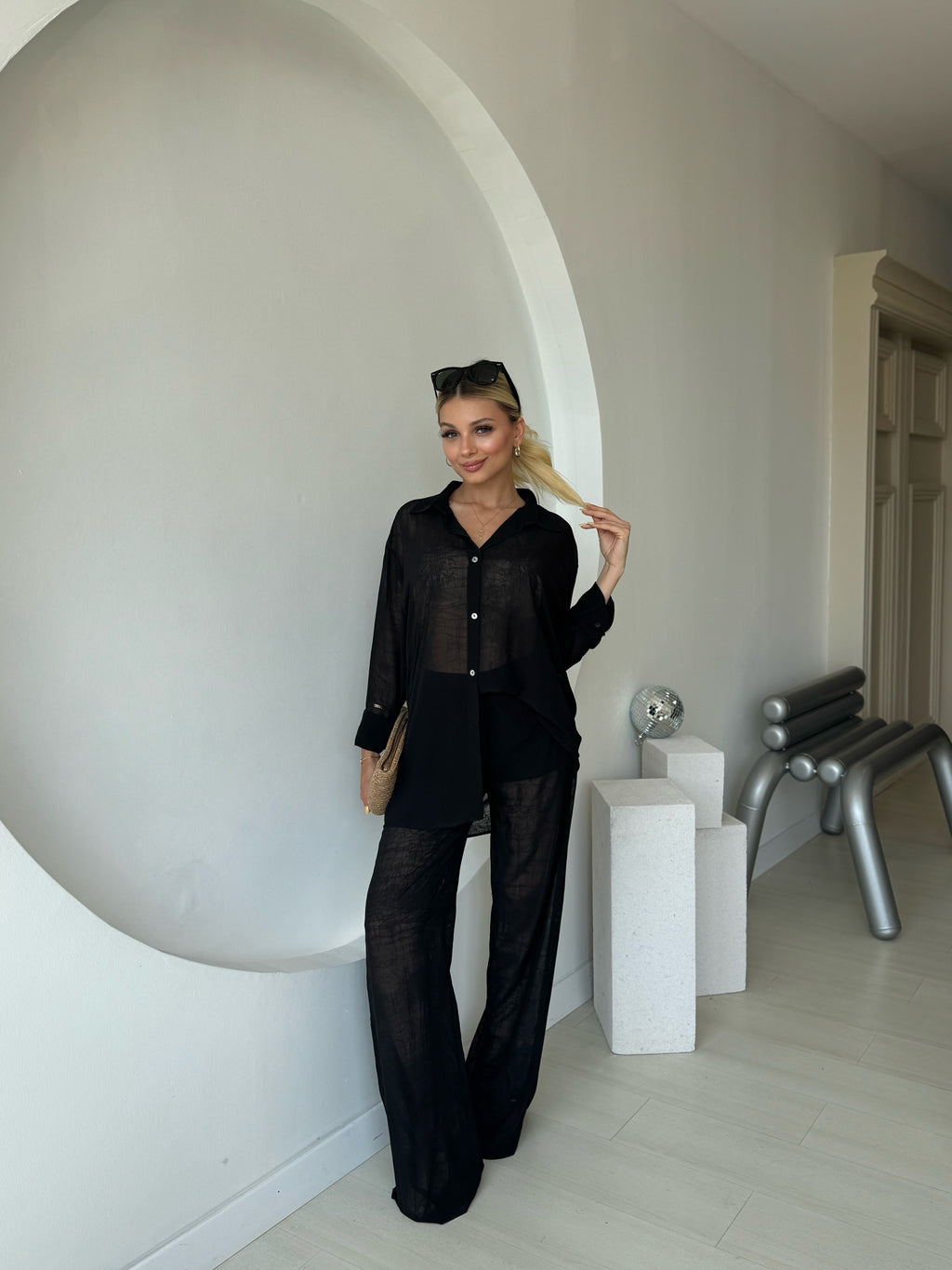 Transparan Şortlu Pantolon Gömlek Takım