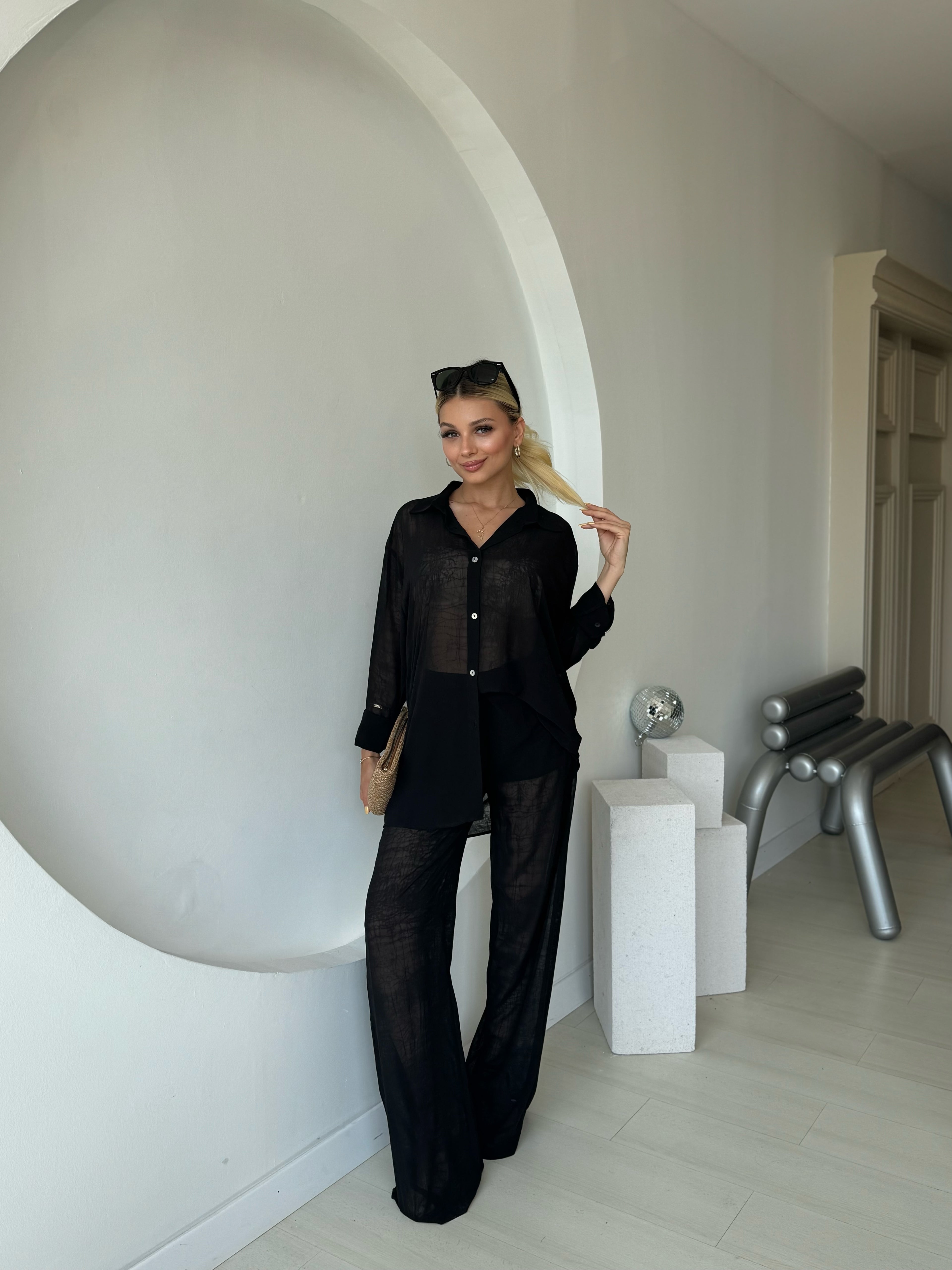 Transparan Şortlu Pantolon Gömlek Takım