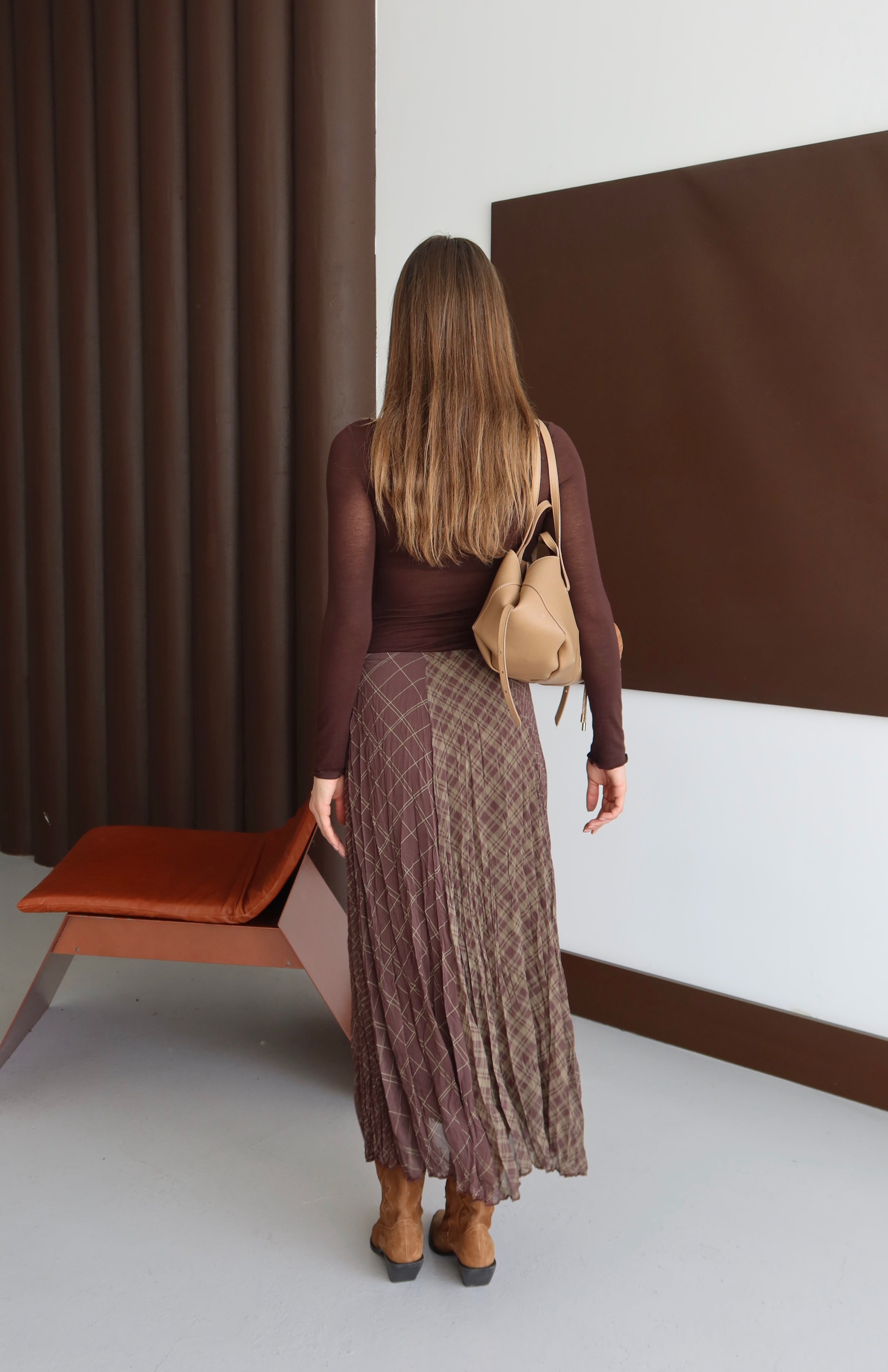 Kahverengi  Desenli Kırışık Görünüm Şifon Etek