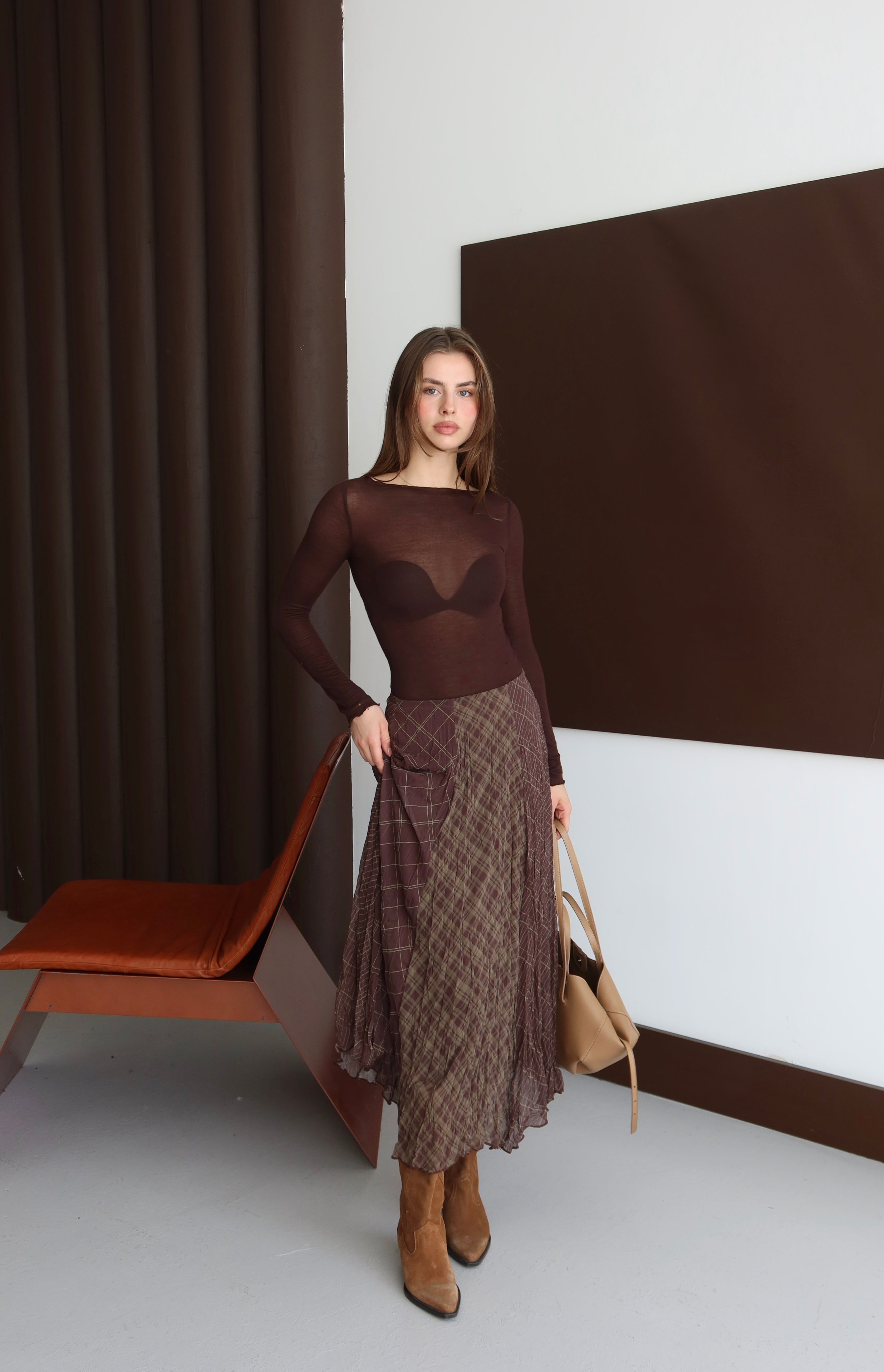 Kahverengi  Desenli Kırışık Görünüm Şifon Etek