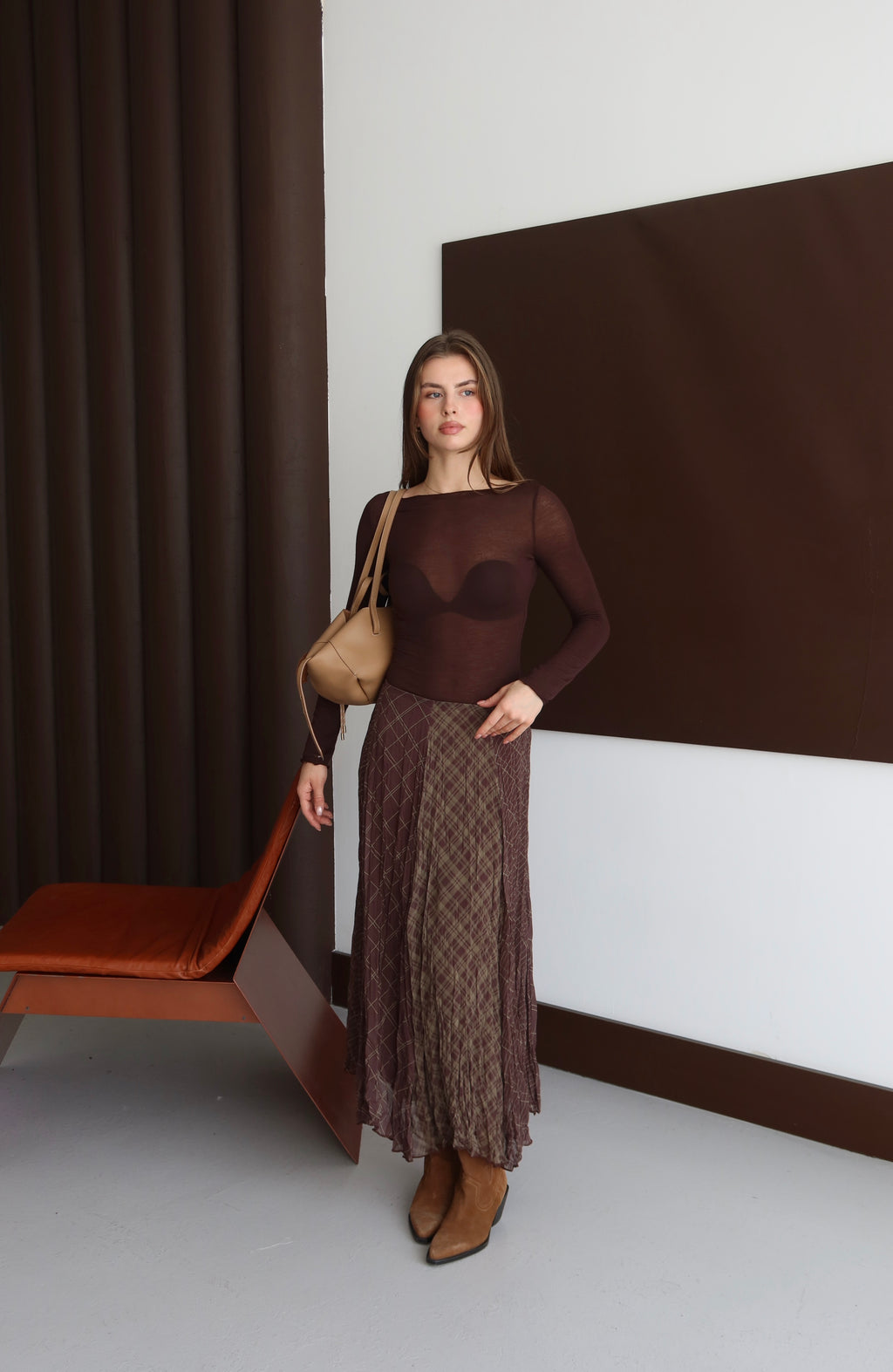 Kahverengi  Desenli Kırışık Görünüm Şifon Etek