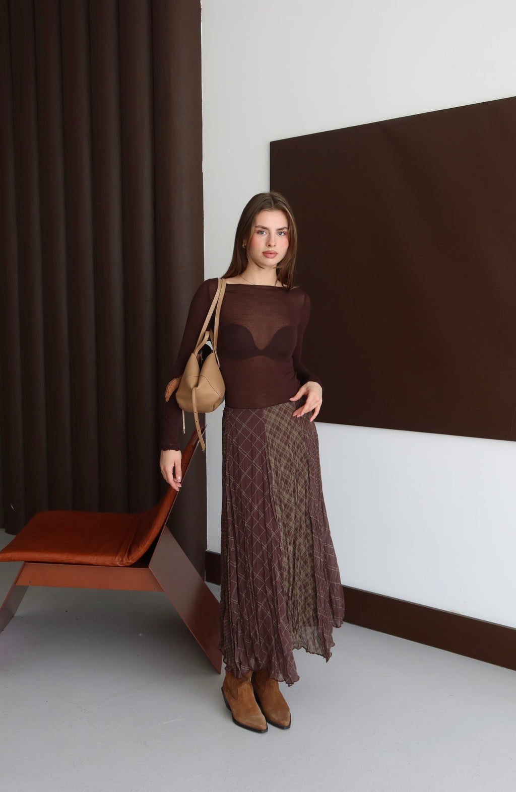 Kahverengi  Desenli Kırışık Görünüm Şifon Etek