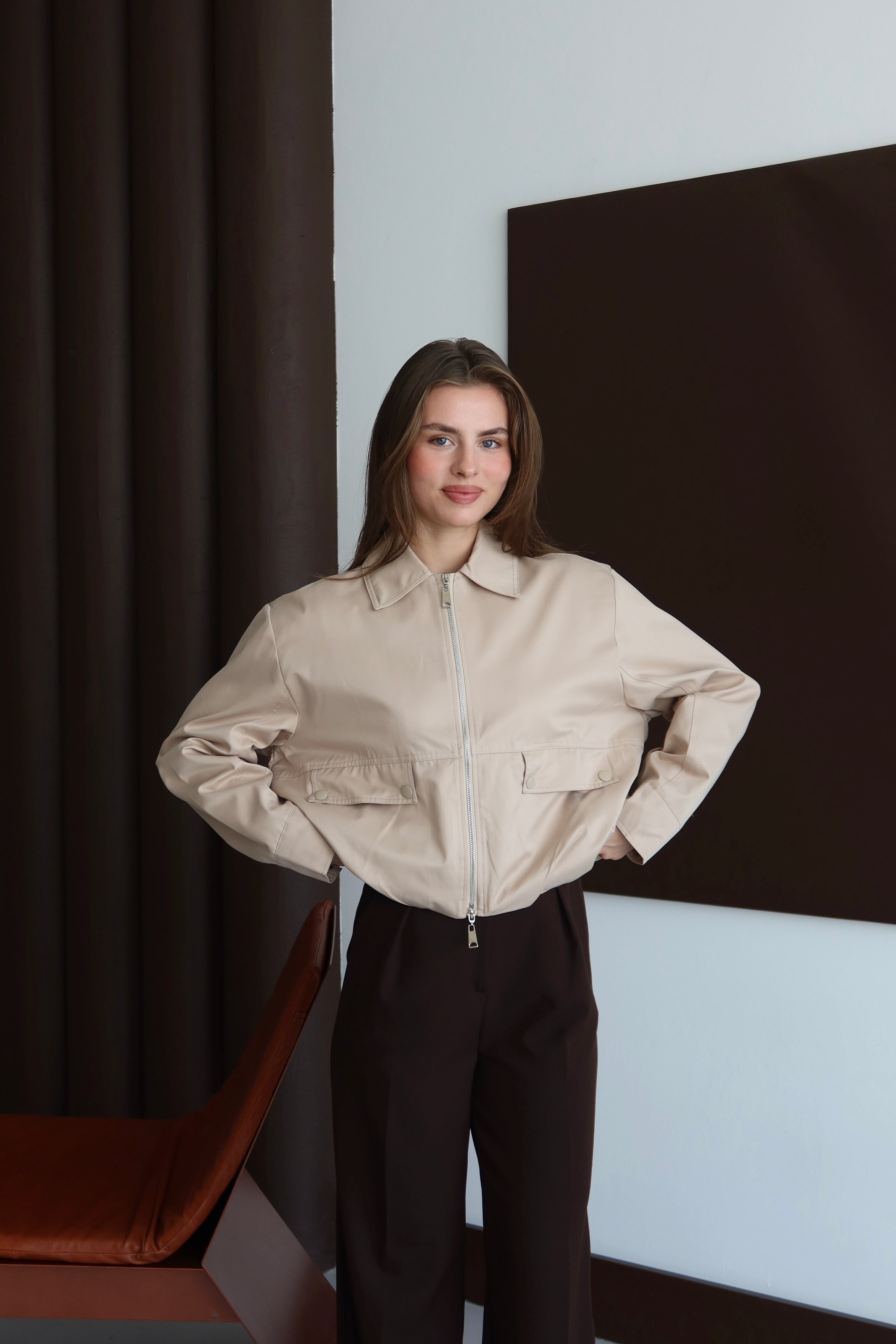 Bej Şerit Detaylı Bomber Ceket