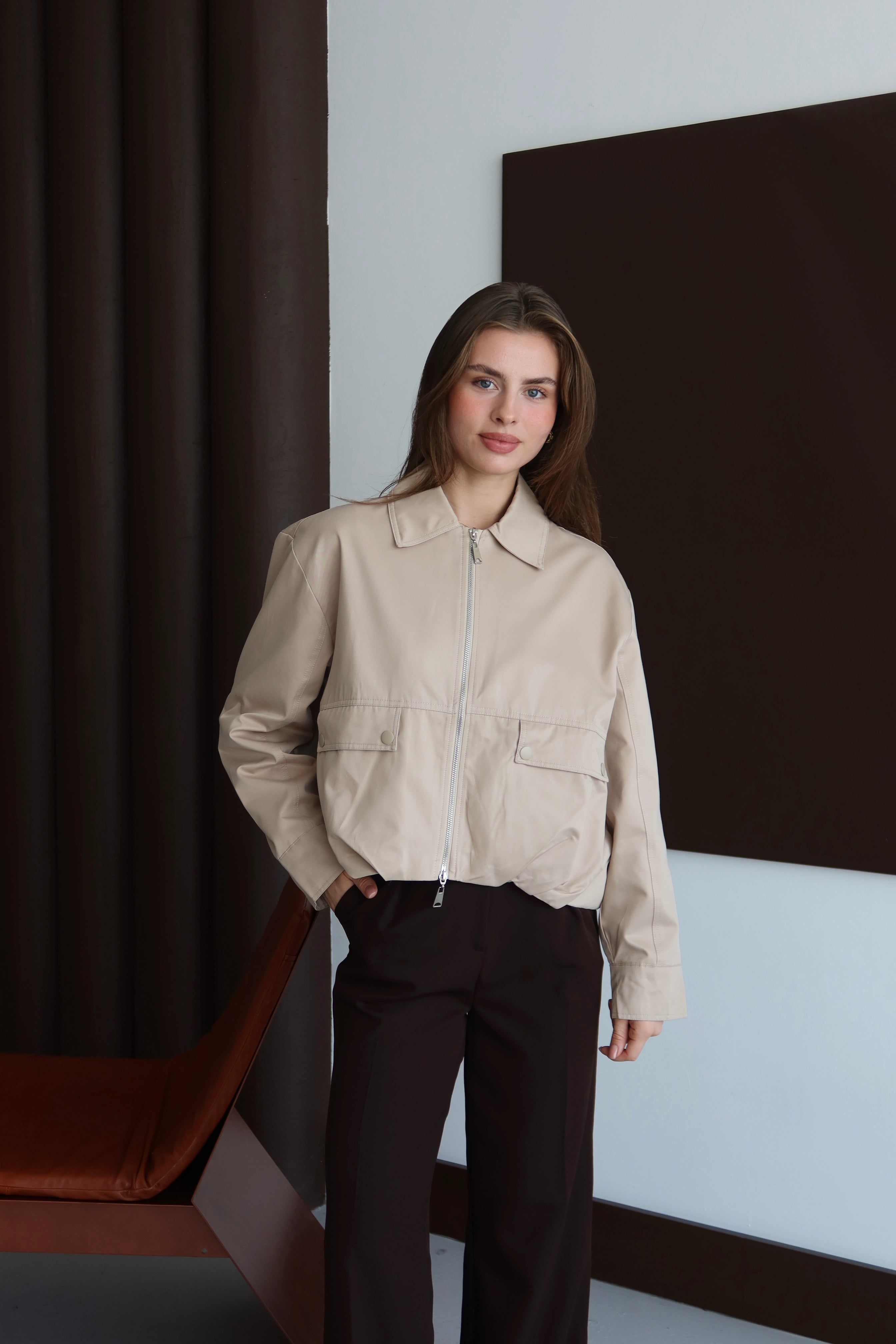 Bej Şerit Detaylı Bomber Ceket