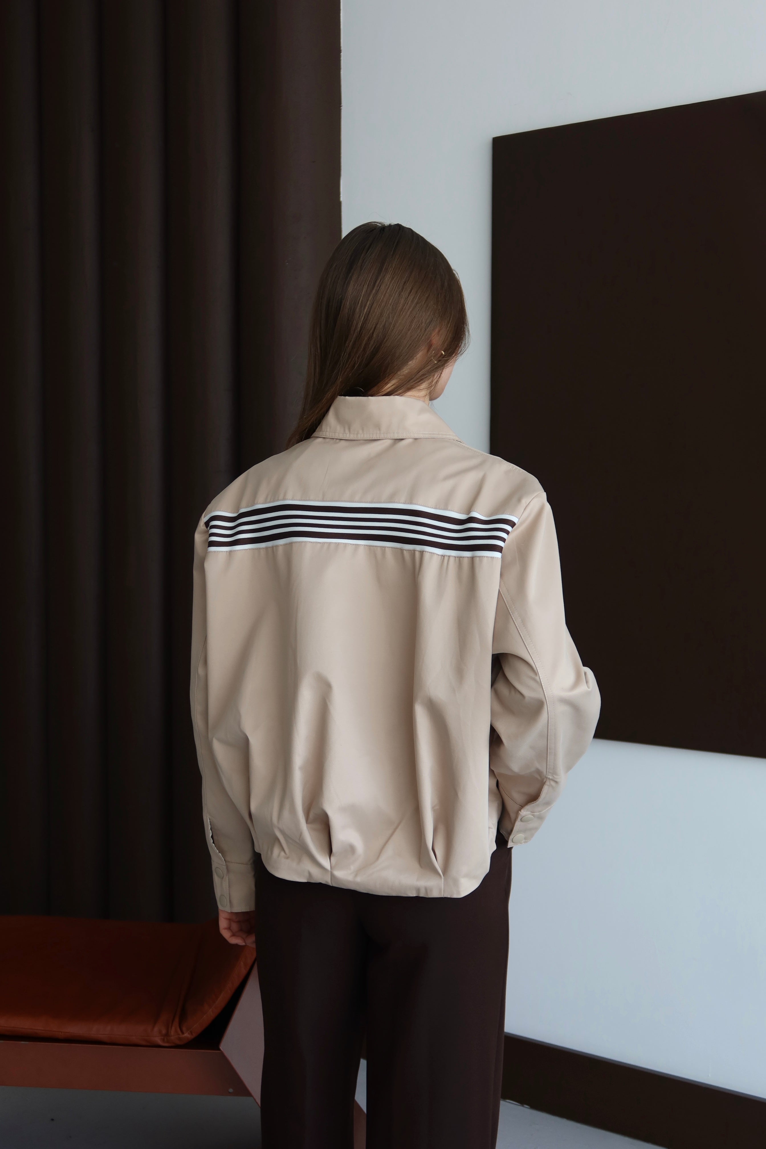 Bej Şerit Detaylı Bomber Ceket