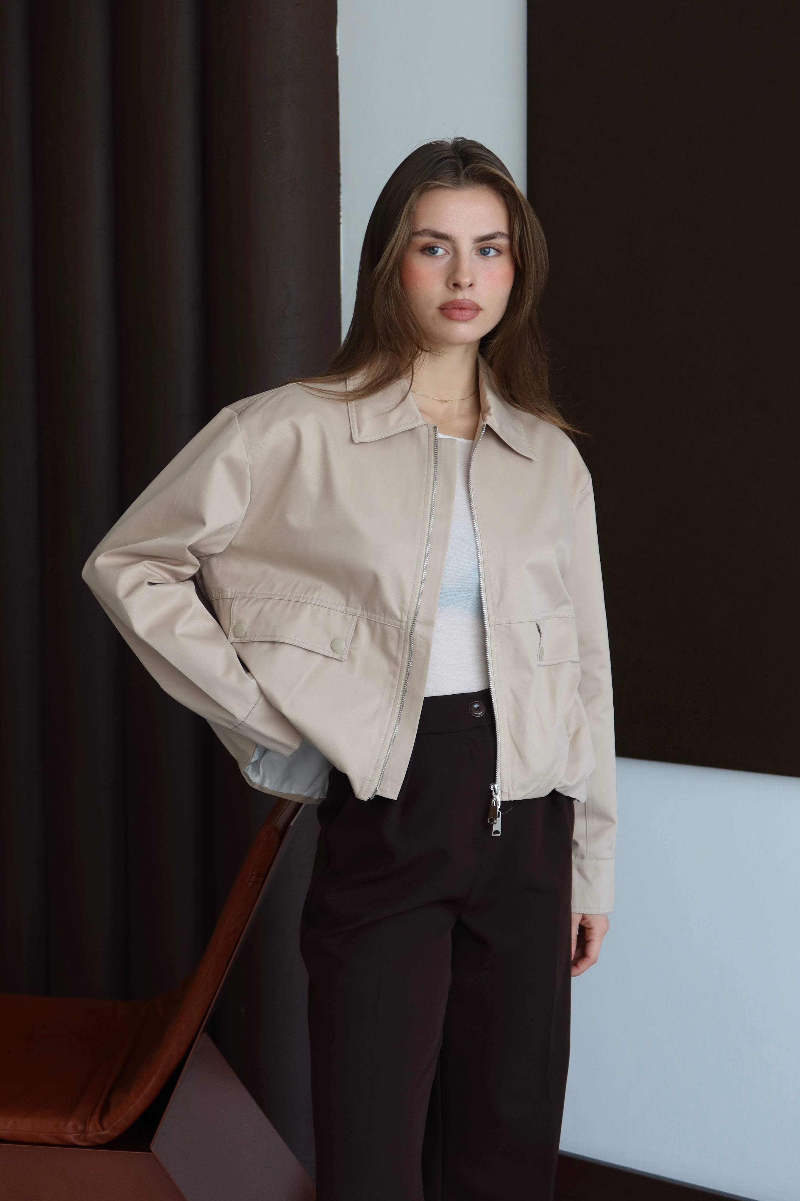 Bej Şerit Detaylı Bomber Ceket