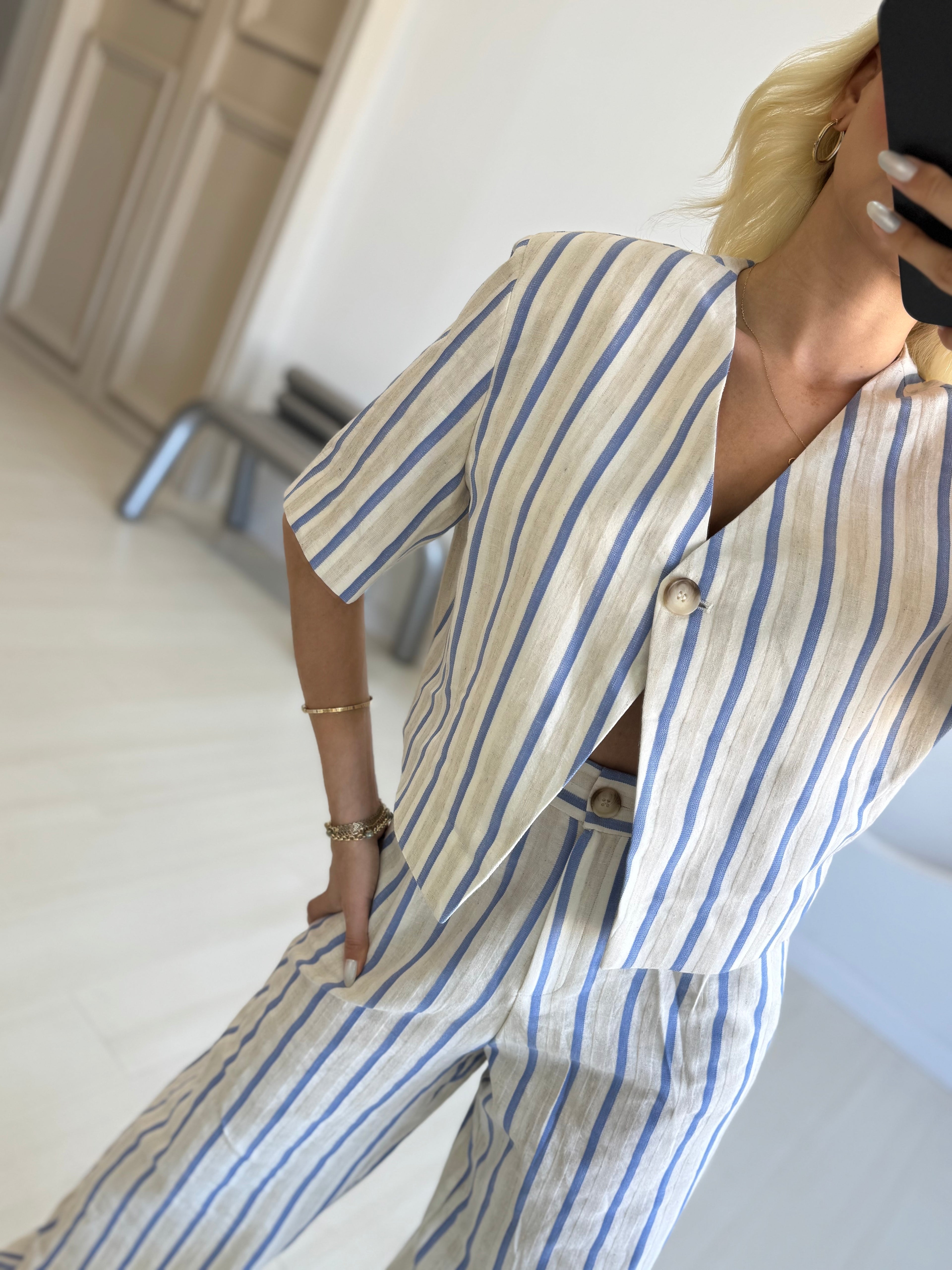 Çizgili Tek Düğme Kısa kol Ceket Düz Kesim Pantolon Takım