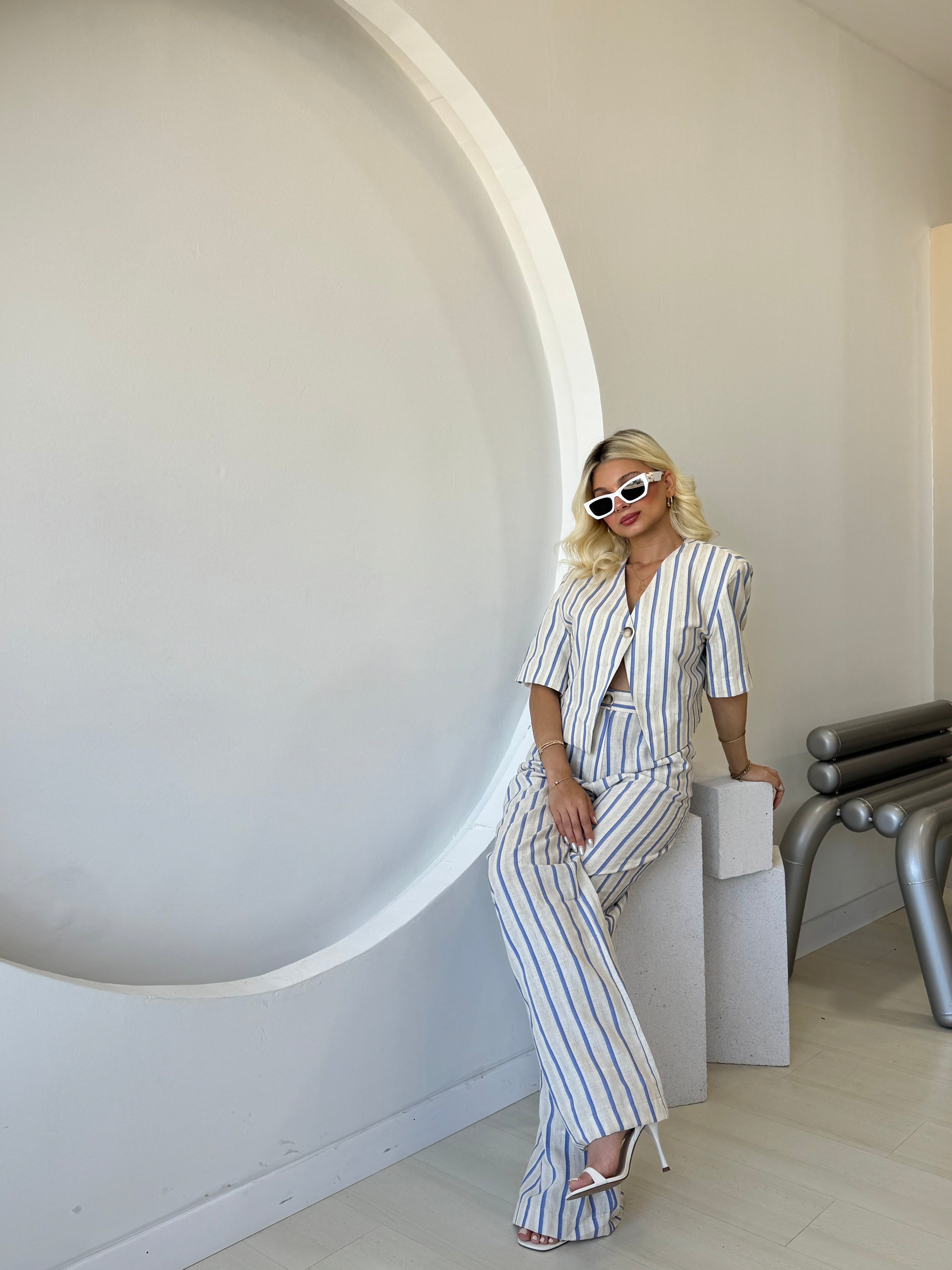 Çizgili Tek Düğme Kısa kol Ceket Düz Kesim Pantolon Takım