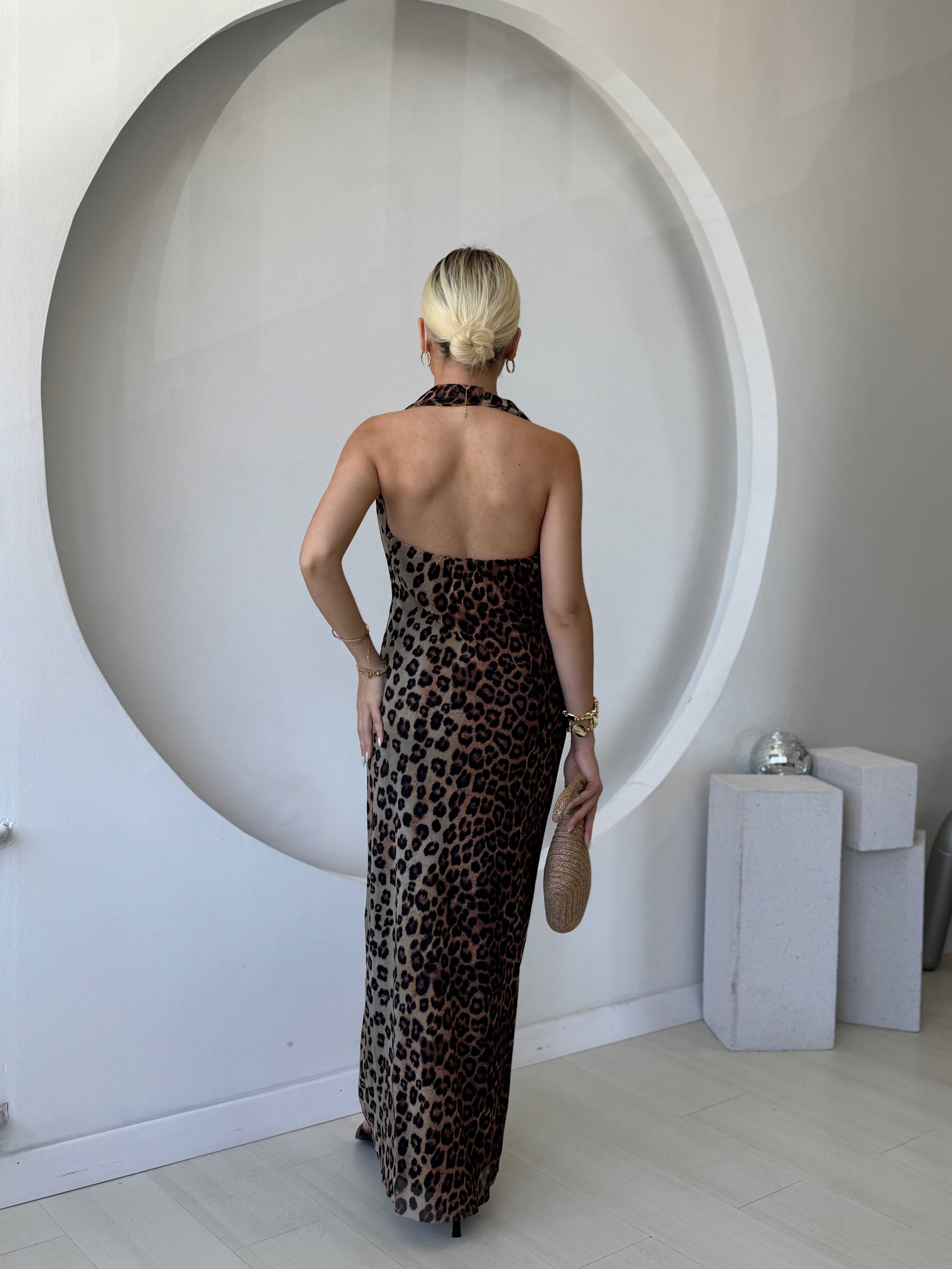 Degaje Yaka Leoparlı Tül Elbise